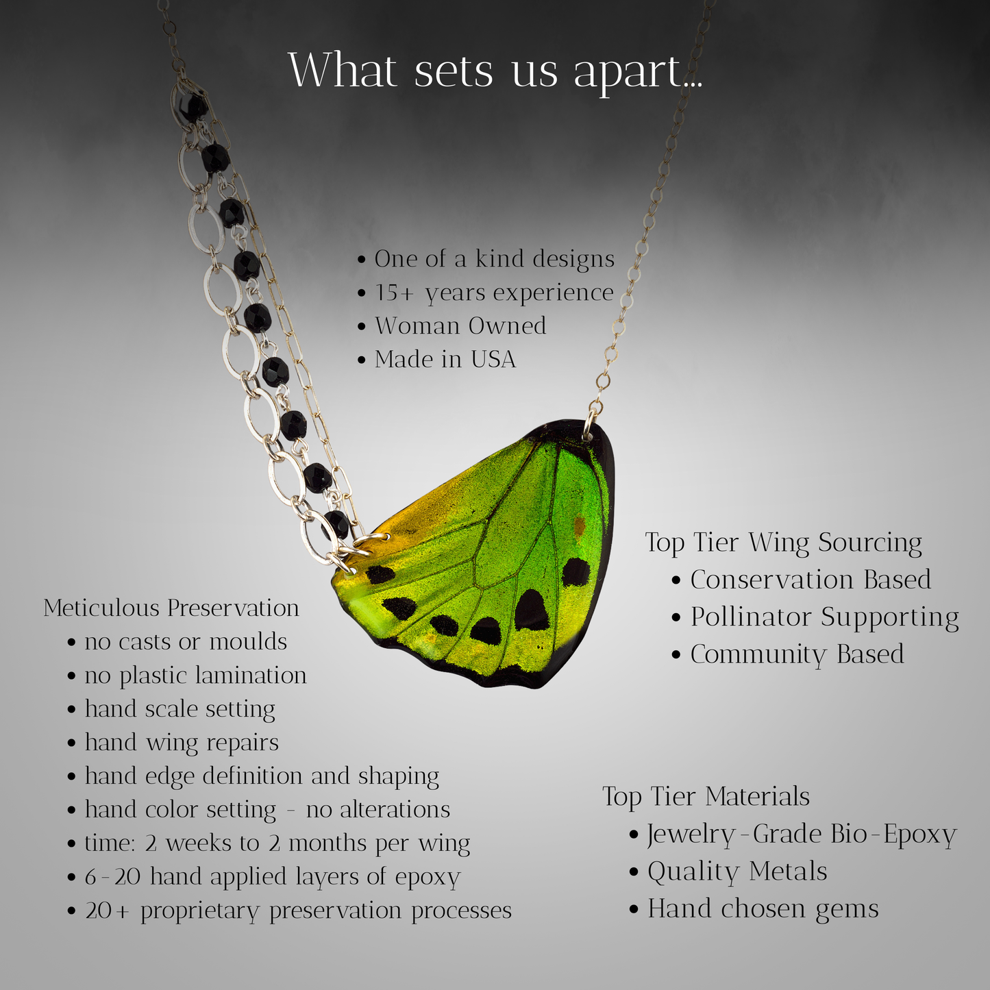 What sets us apart as an artist green real butterfly wing necklace text highlighting what makes Isms work singular informational text