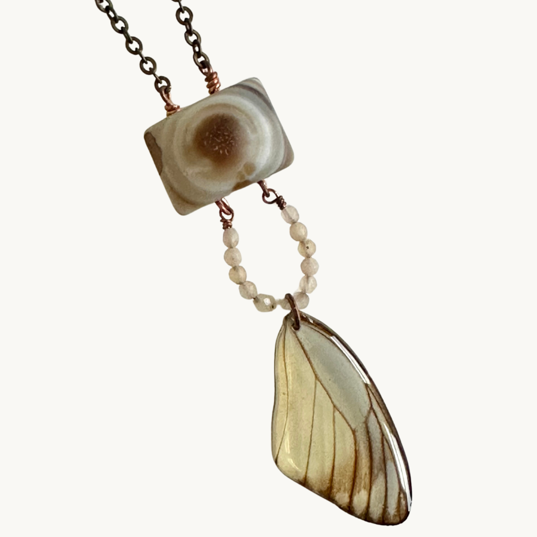 Painted Jezebel Butterfly Wing with Eye Agate and Peach Moonstone