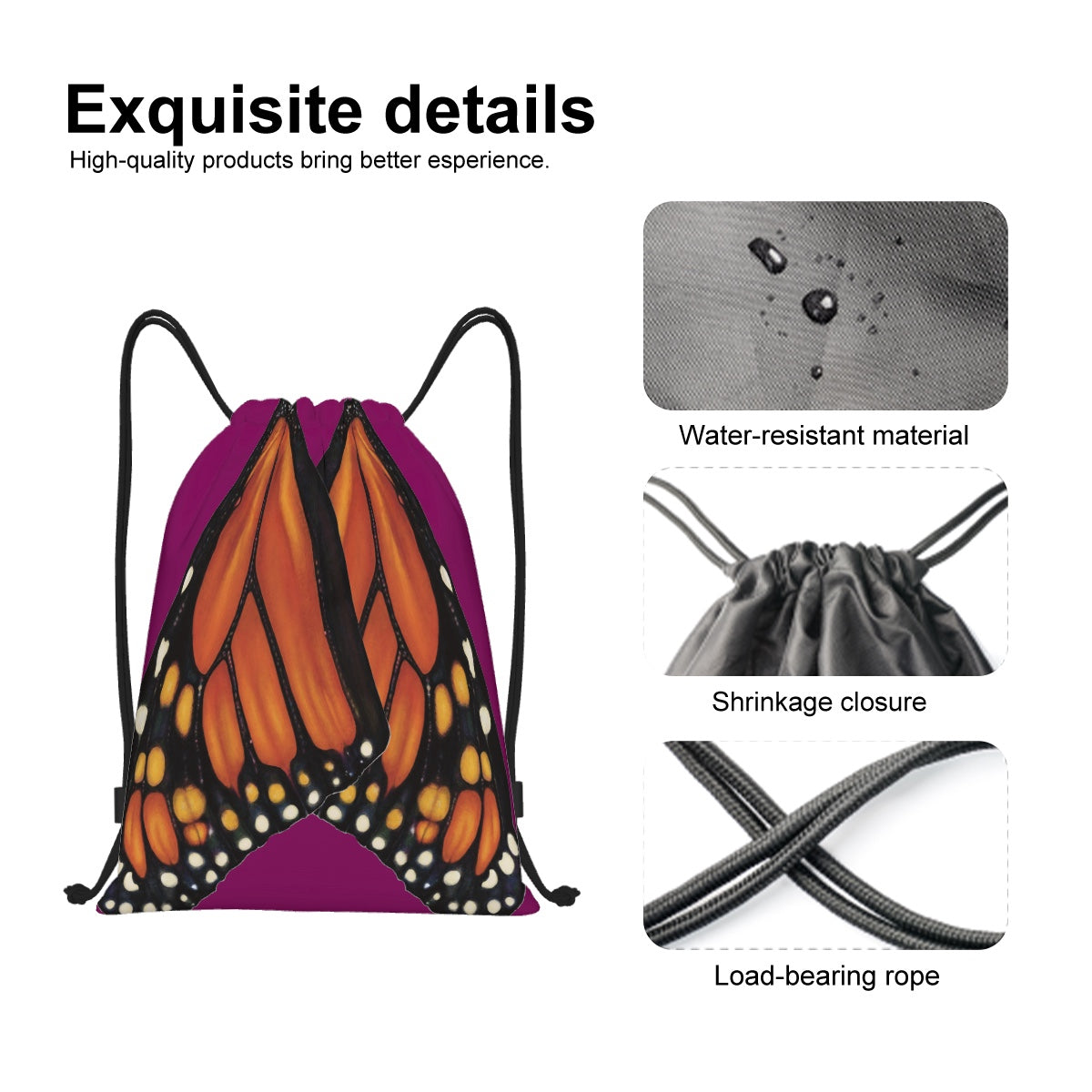 Drawstring Nylon Backpack - Monarch Butterfly Wings - Plum