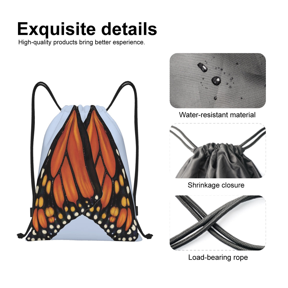 Drawstring Backpack - Monarch Butterfly Wings - Sky Blue