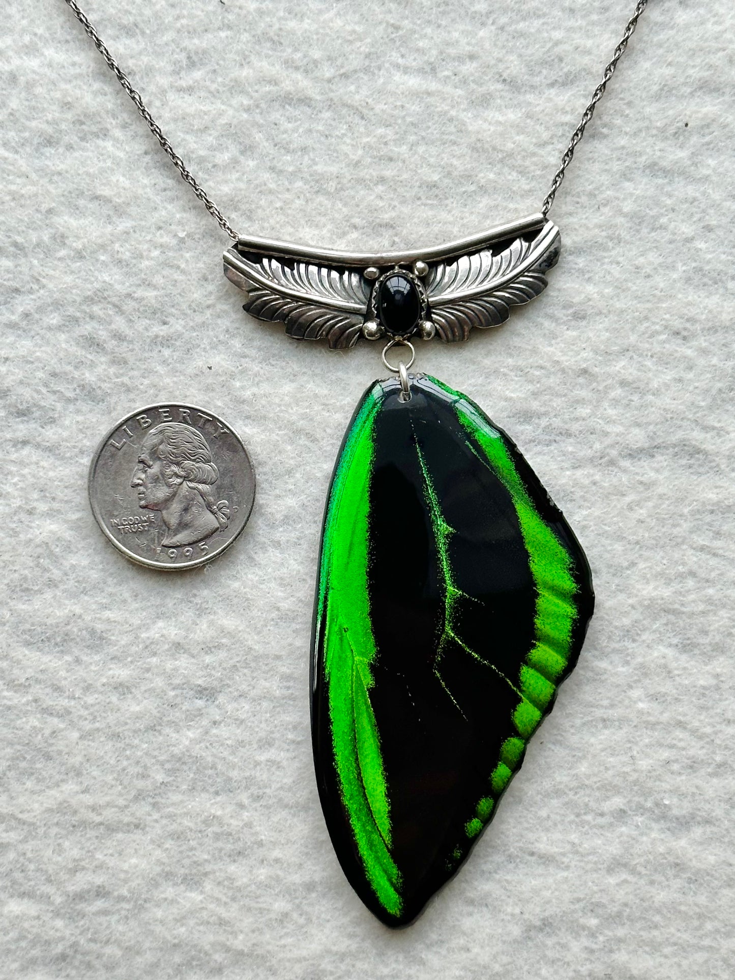 Real Bird Wing Butterfly Necklace with Vintage Sterling Silver and Onyx no