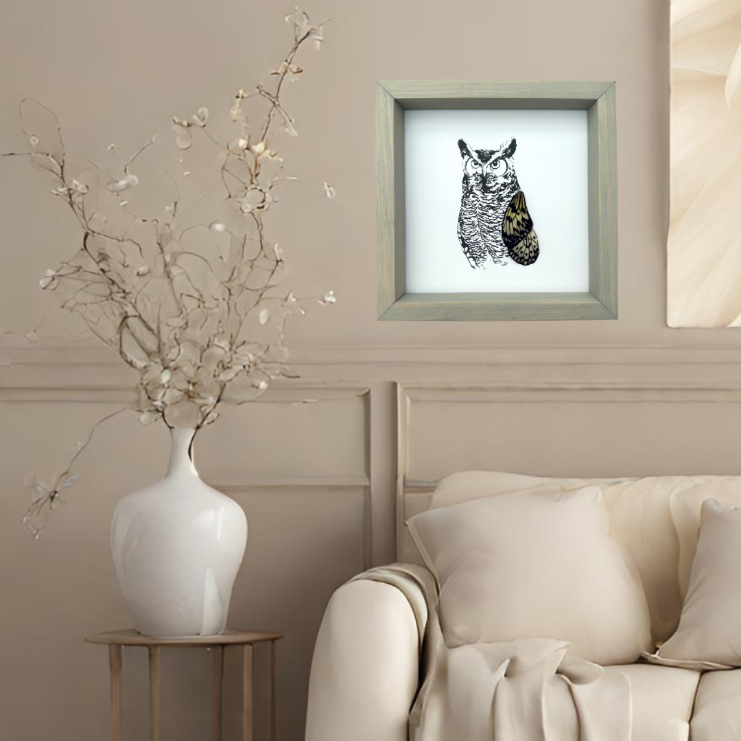 Horned Owl Real Butterfly Wing Framed Art From and For Conservation