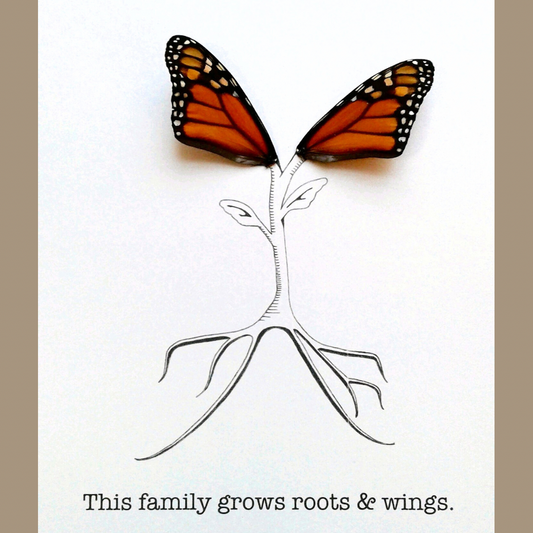 Roots and Wings Real Butterfly Wing Framed Art 'This Family Grows Roots and Wings' Ethically Sourced Made in MN USA - Holly Ulm - Isms