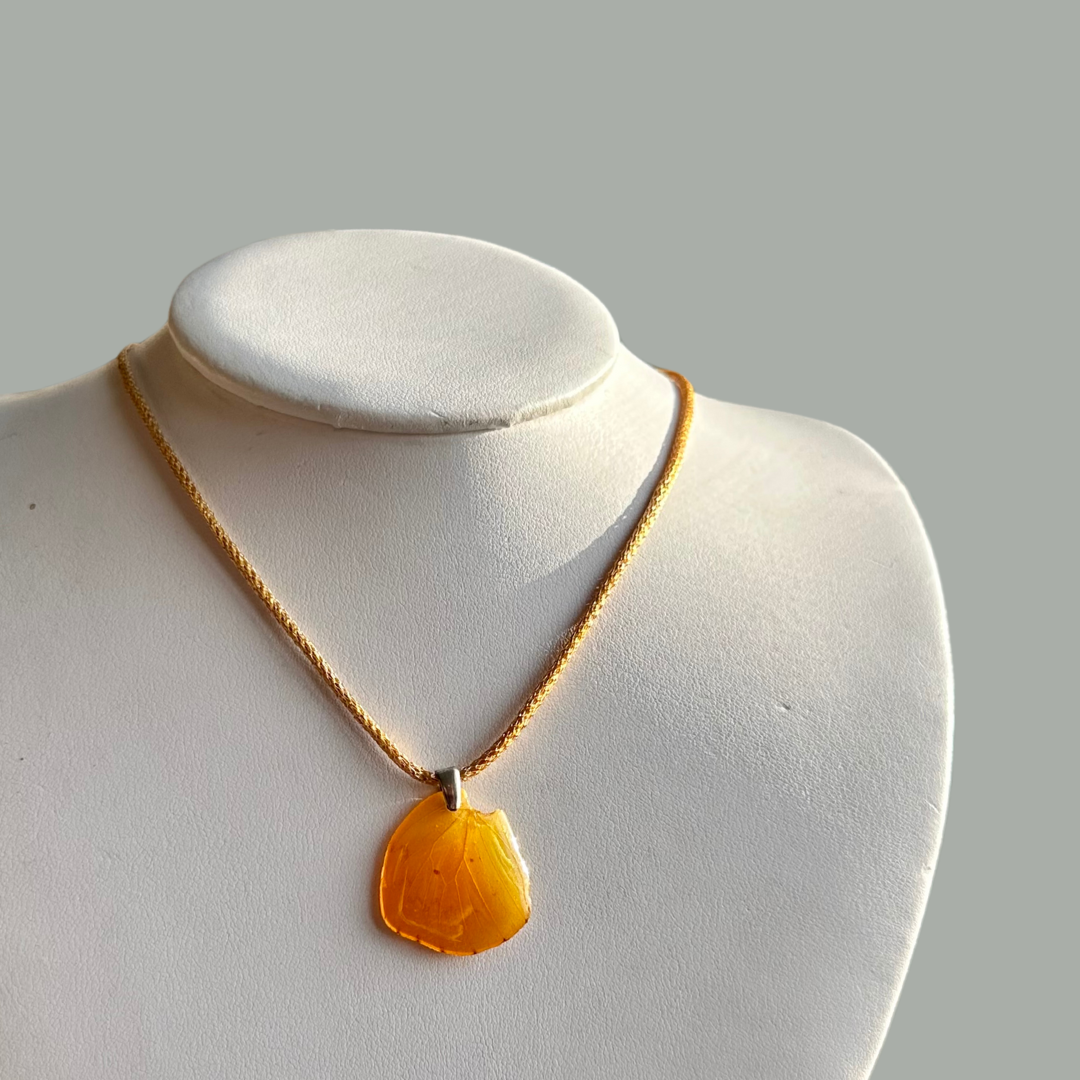 Real Orange Migrant Butterflt Wing Necklace with Crocheted 14k Gold and Sterling Silver
