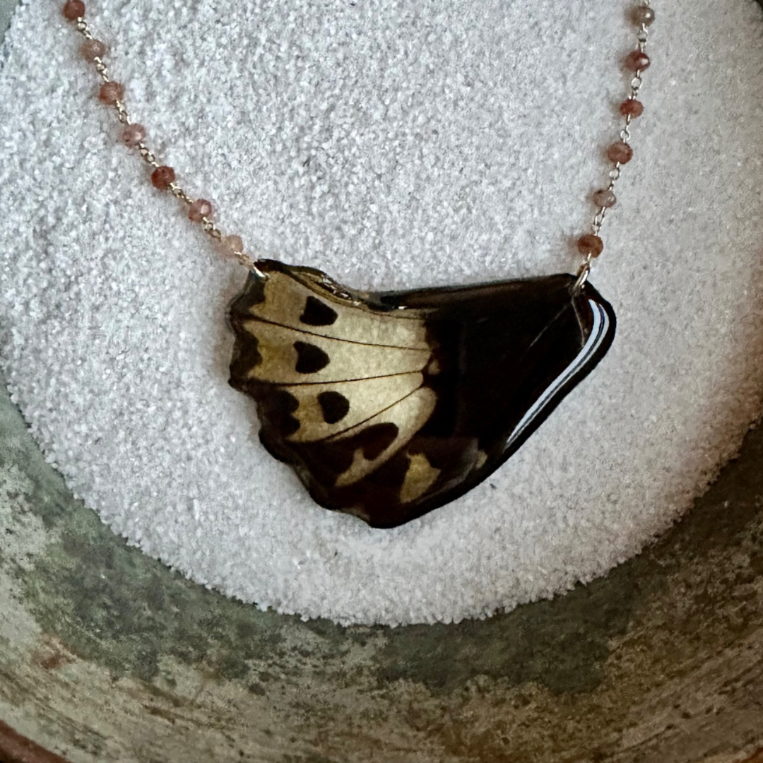 Huge Real Female Bird Wing Butterfly Gold Necklace with Sunstone