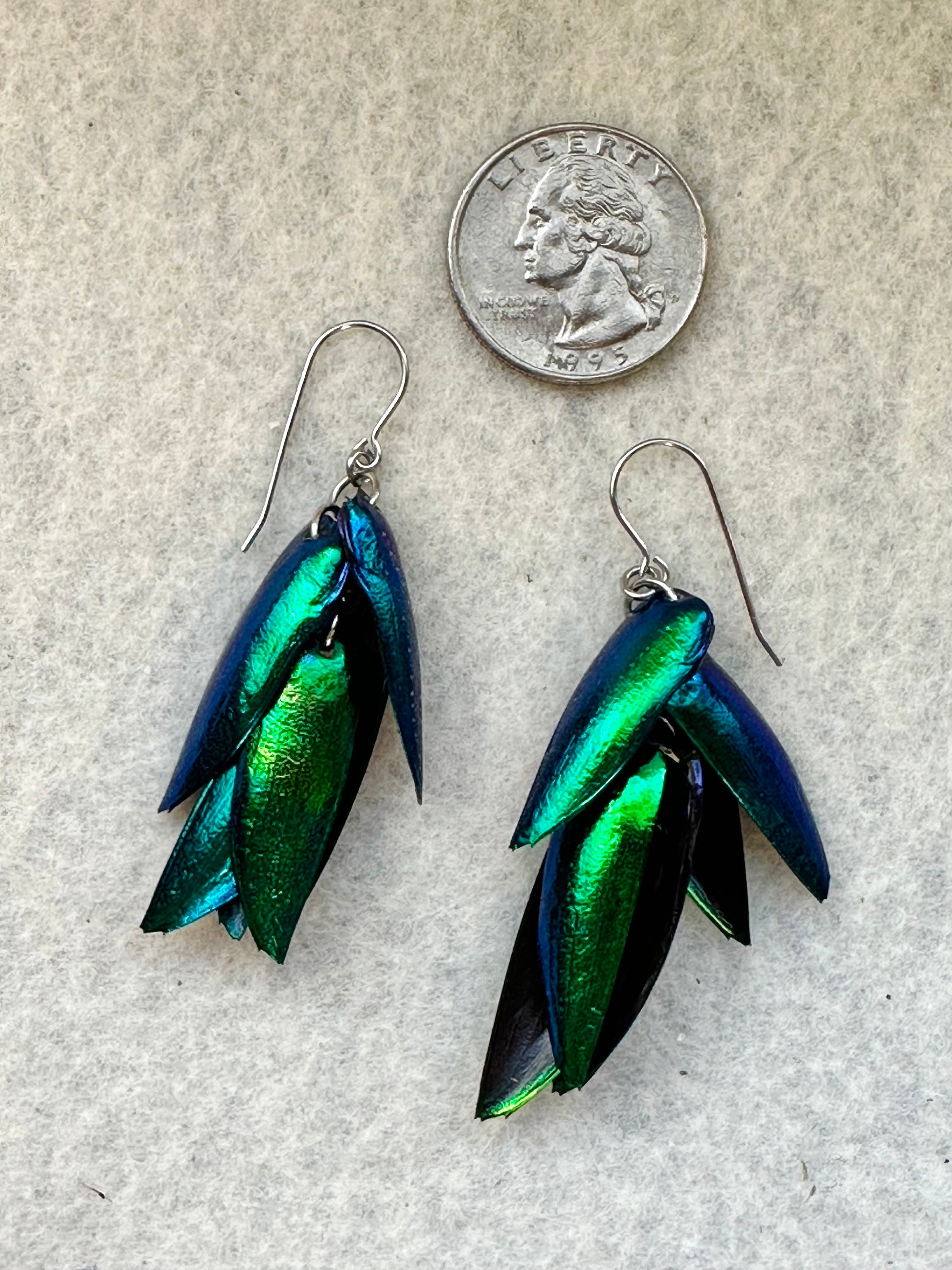 Real Luminous green beetle elytra earrings bundled into chandelier earrings with hypoallerganic ear hooks perfect for sensitive ears lightweight waterproof stunning earring style for memorable style a great gift under $50 for girlfriends 