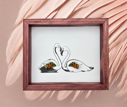 Flamingos Forming Heart Illustration with Real Butterfly Wings From and For Conservation Framed