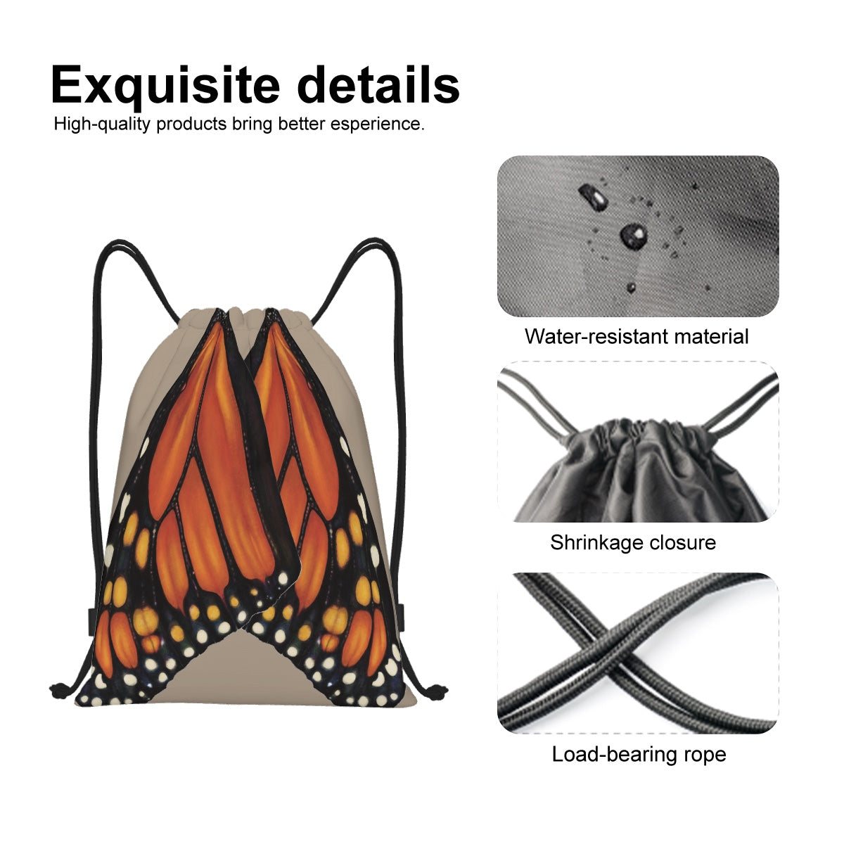 Drawstring Backpack - Monarch Butterfly Wings - Sand