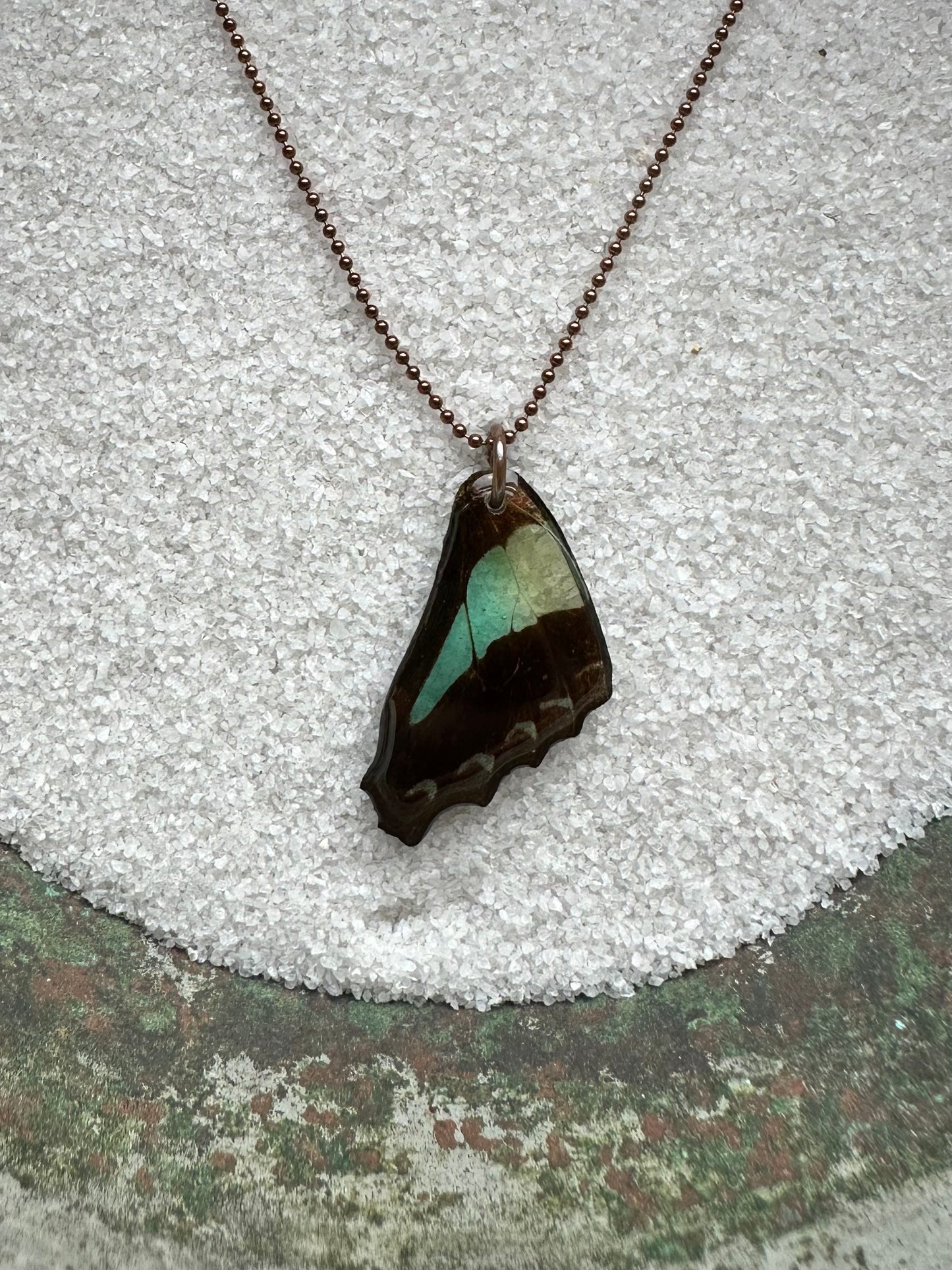 Real Blue Bottle Butterfly Wing Necklace Rose Gold (Graphium sarpedon)