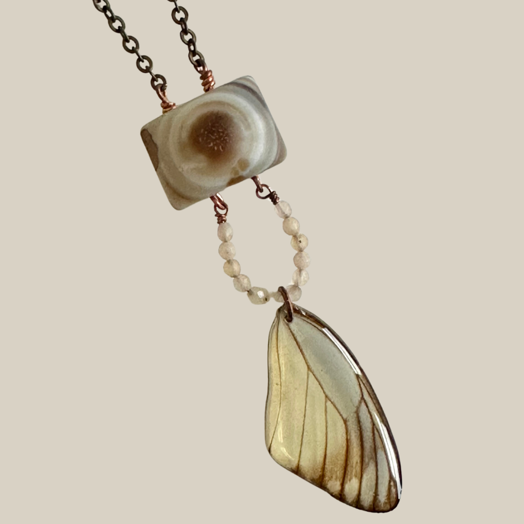 Painted Jezebel Butterfly Wing with Eye Agate and Peach Moonstone