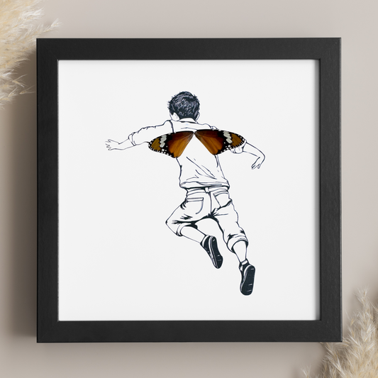 Leaping Boy Real Butterfly Wings Frame Illustration From and For Conservation