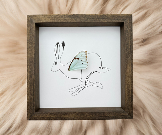 Fly Away Hare Rabbit with Real Butterfly Wing - Ethically Sourced Art from Minnesota USA - Holly Ulm - Isms Butterfly Conservation Art