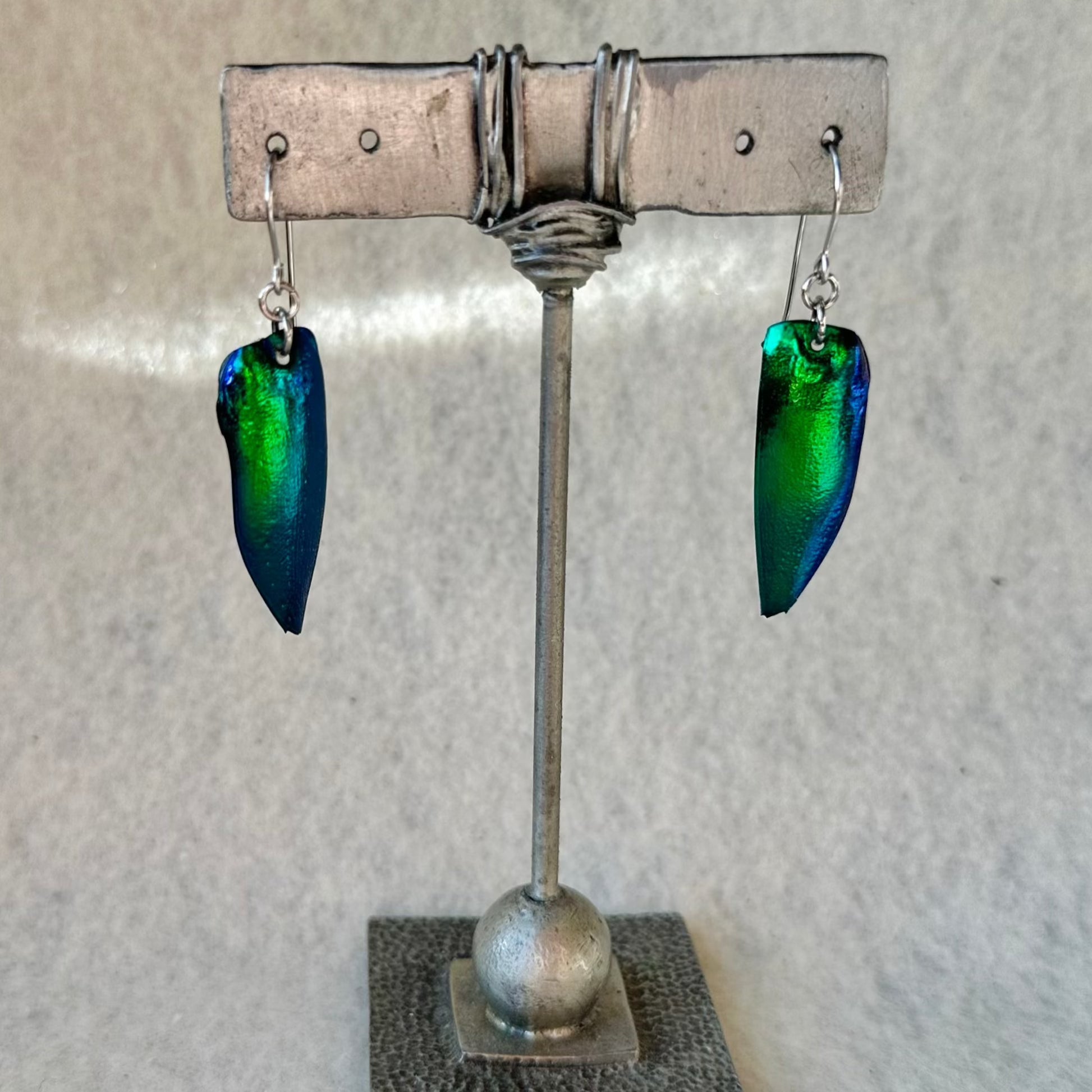 lustrous green earrings from real green beetle wing elytra hypoallergenic surgical steel for sensitive ears lightweight waterproof durable perfect gift for bug insect lover gothic style moody accessories real insect jewelry