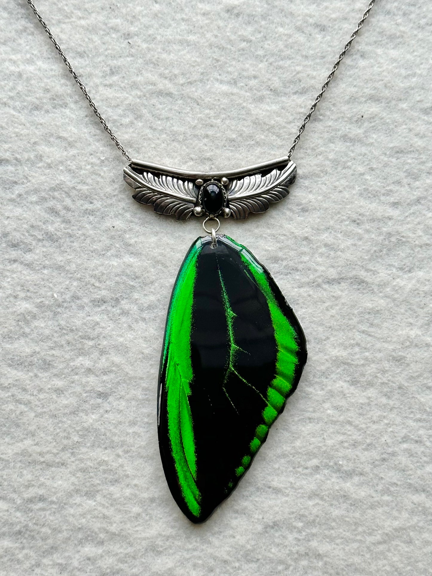 Real Bird Wing Butterfly Necklace with Vintage Sterling Silver and Onyx no