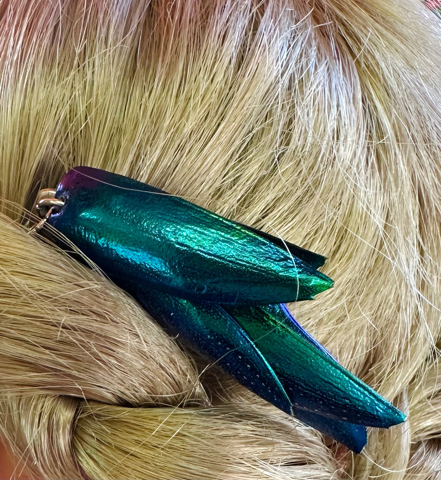 Green Beetle Wing Hair Pin - Wings of Invasive Elytra Emerald Beetles