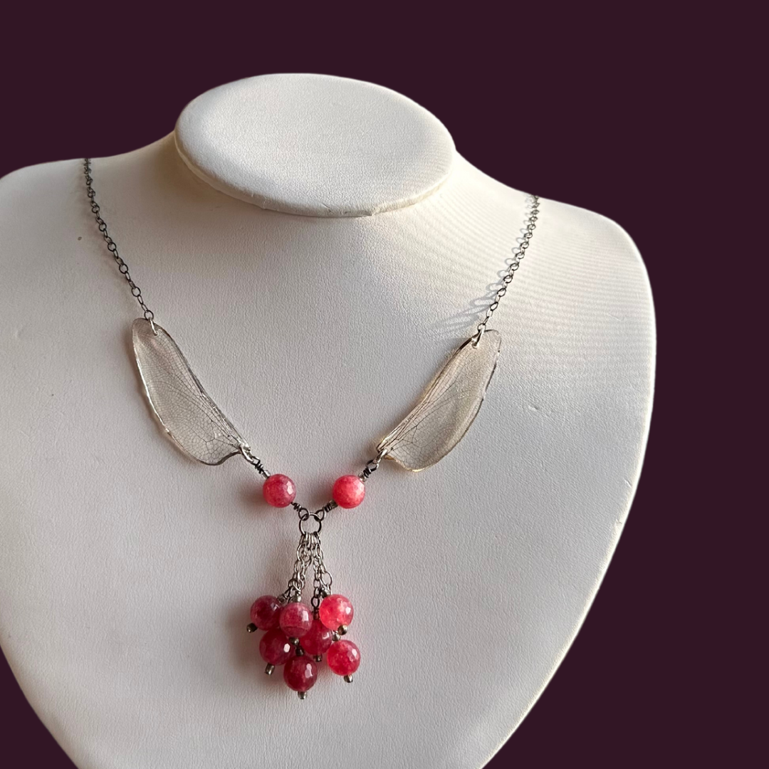 Real Dragonfly Wings Necklace Sterling Silver Faceted Strawberry Quartz