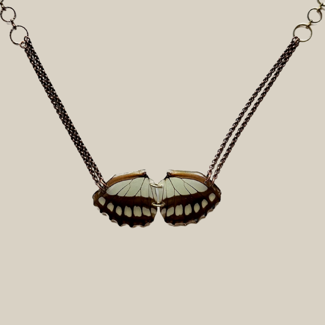 Real Scarce Bamboo Page Butterfly (Dido Longwing) Necklace with Copper and Upcycled Brass Bronze