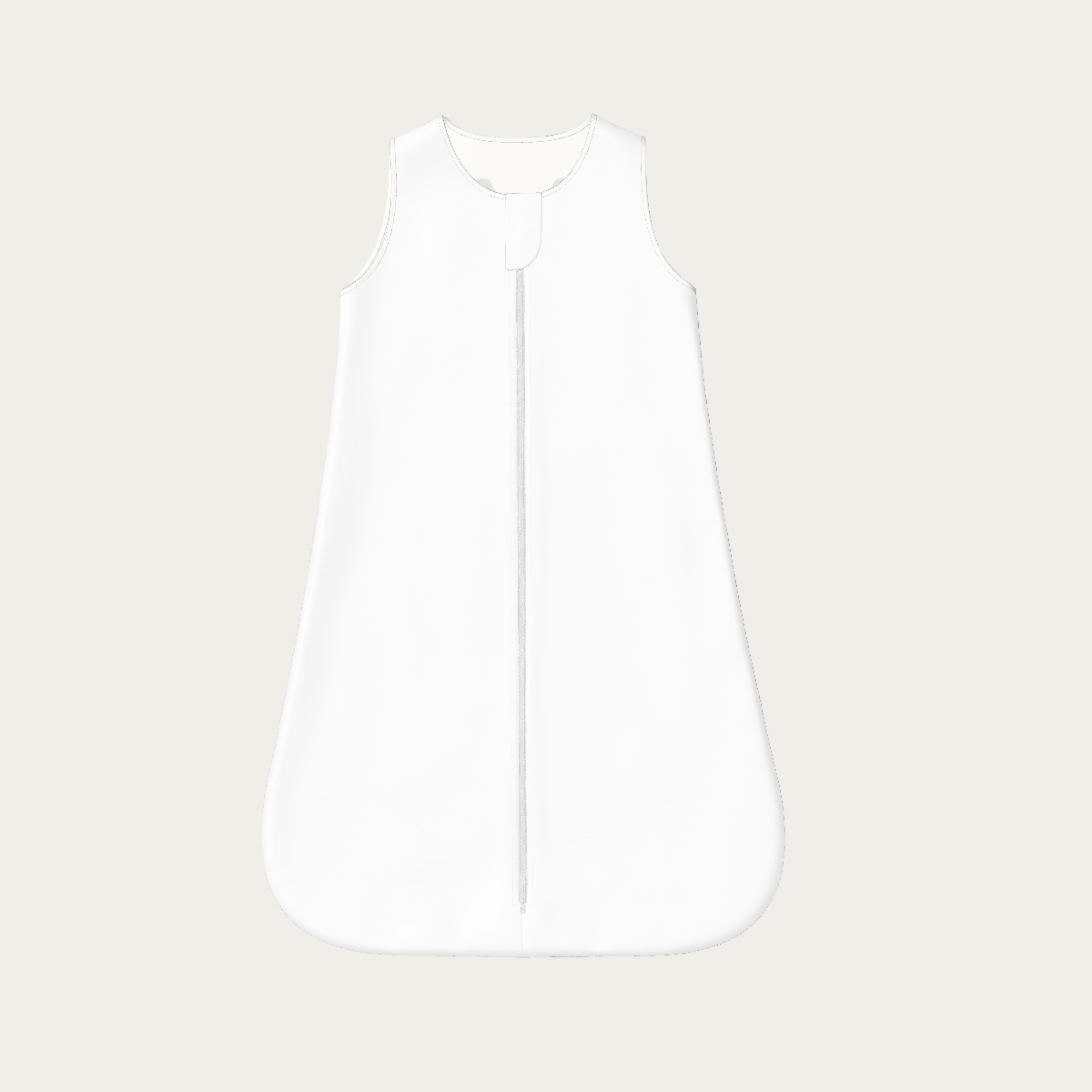 Flat lay of the white baby sleep sack showing the plain front panel with zipper and protective zipper cover.