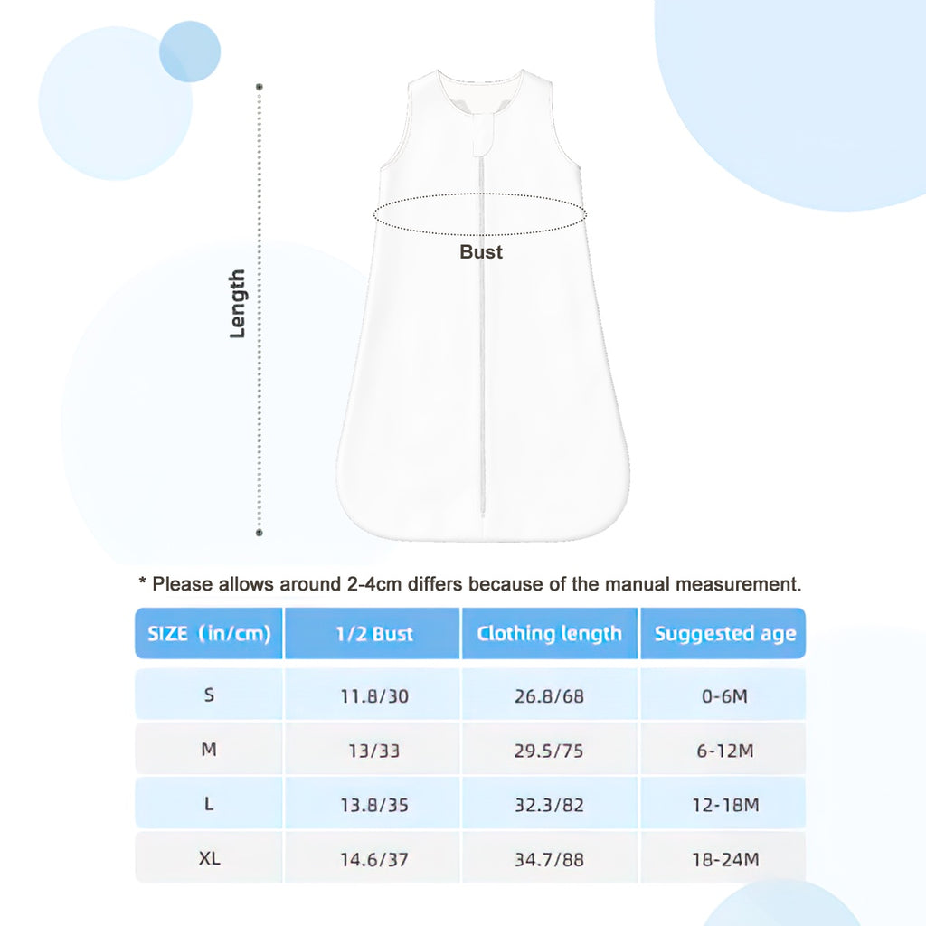 Size chart for the baby sleep sack listing measurements and sizing information for each available size.