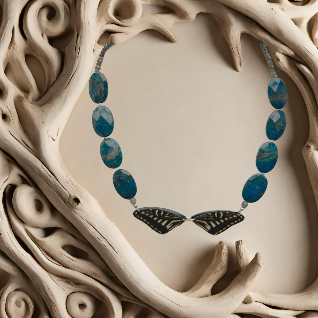 Real Asian Swallowtail with Rare Heritage Quality Lapis Lazuli and Faceted Labradorite Necklace with Sterling Silver