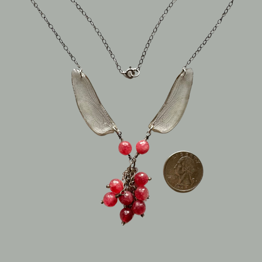 Real Dragonfly Wings Necklace Sterling Silver Faceted Strawberry Quartz