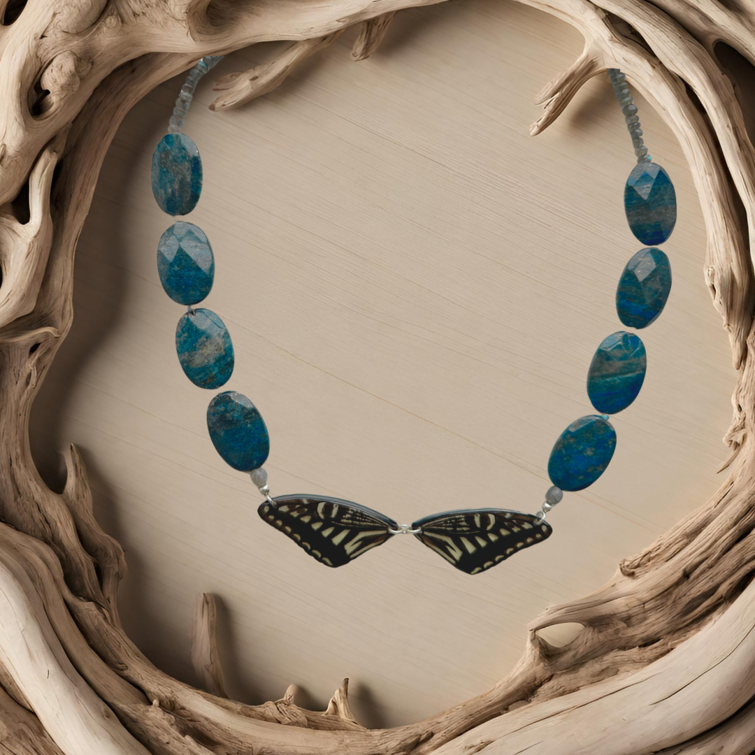 Real Asian Swallowtail with Rare Heritage Quality Lapis Lazuli and Faceted Labradorite Necklace with Sterling Silver