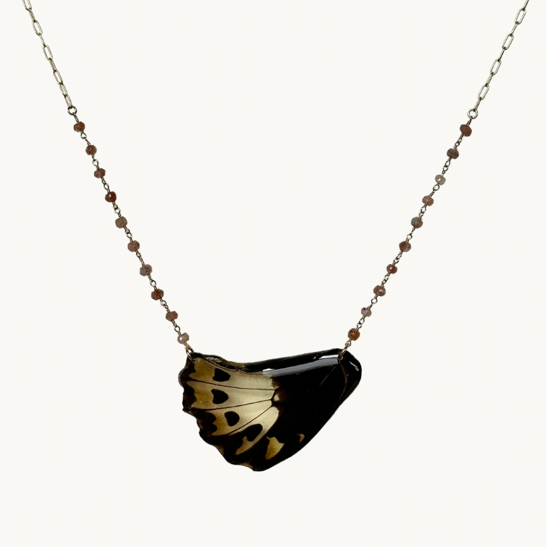 Huge Real Female Bird Wing Butterfly Gold Necklace with Sunstone