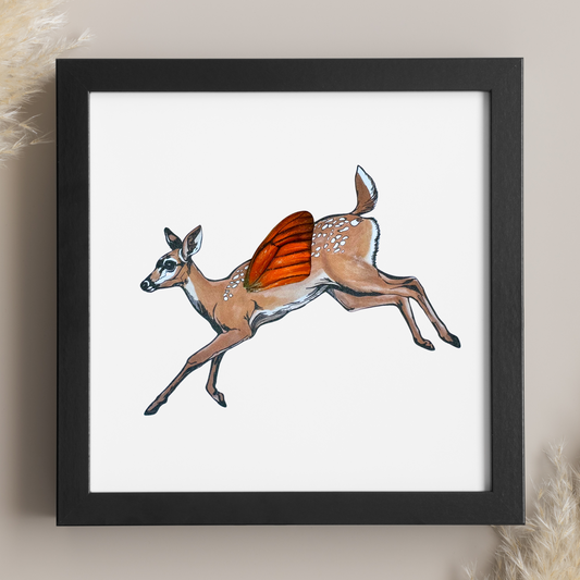 Leaping Fawn Whitetail Deer Real Butterfly Wing Framed Color Print Art From and For Conservation