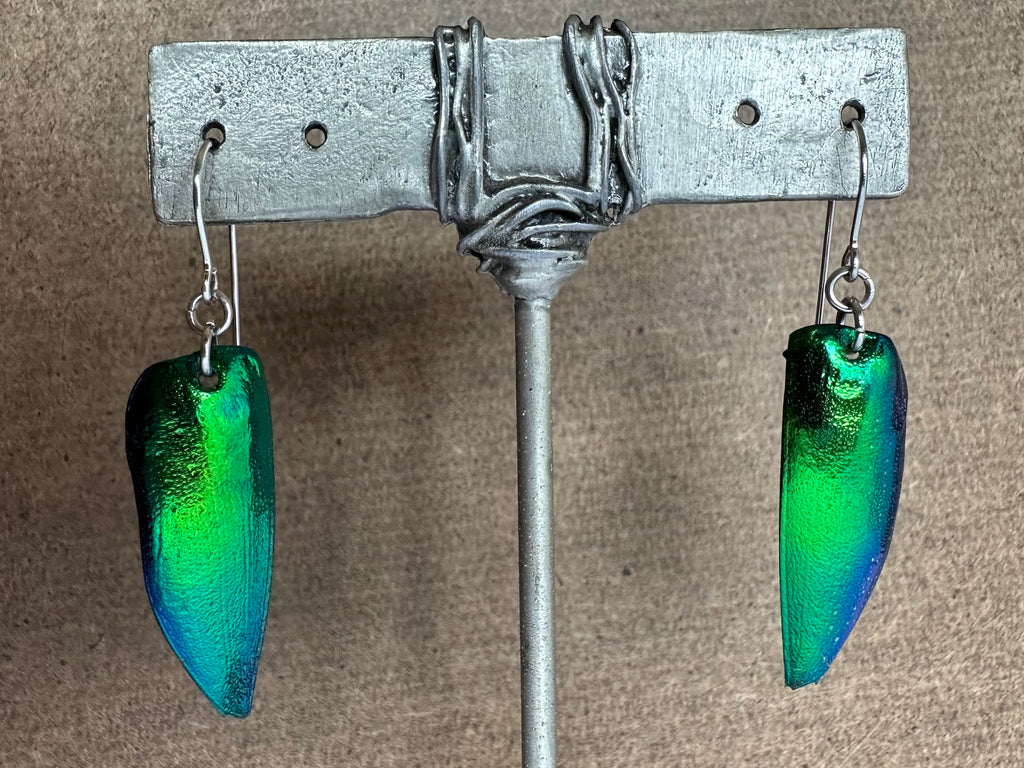 color changing lit intense green earrings from real beetle wing elytra hypoallergenic surgical steel for sensitive ears lightweight waterproof bling earrings best earrings of 2024 summer trends gifts $20 girlfriend friend women wife ideas free shipping