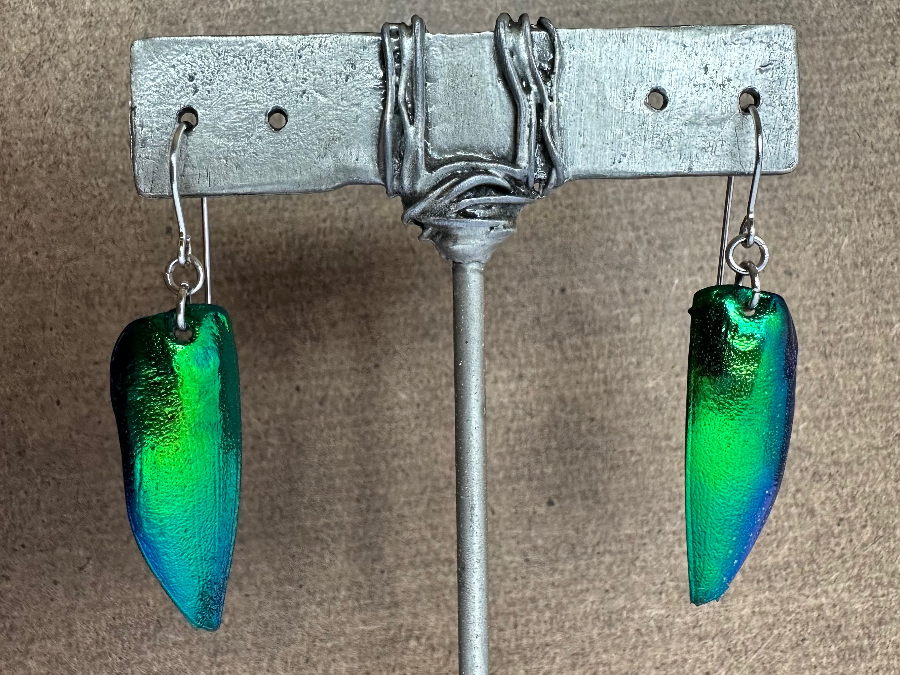 color changing lit intense green earrings from real beetle wing elytra hypoallergenic surgical steel for sensitive ears lightweight waterproof bling earrings best earrings of 2024 summer trends gifts $20 girlfriend friend women wife ideas free shipping