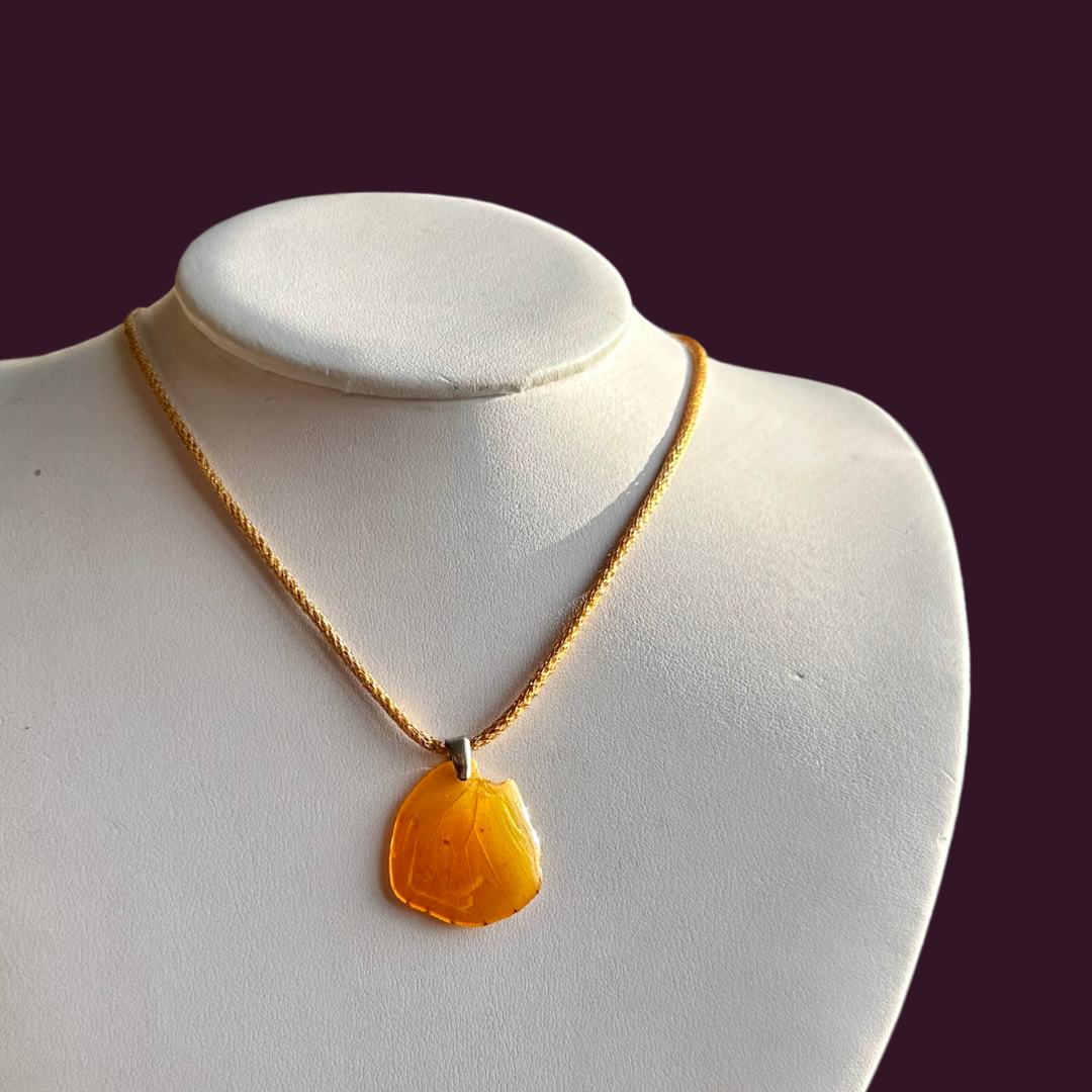 Real Orange Migrant Butterflt Wing Necklace with Crocheted 14k Gold and Sterling Silver