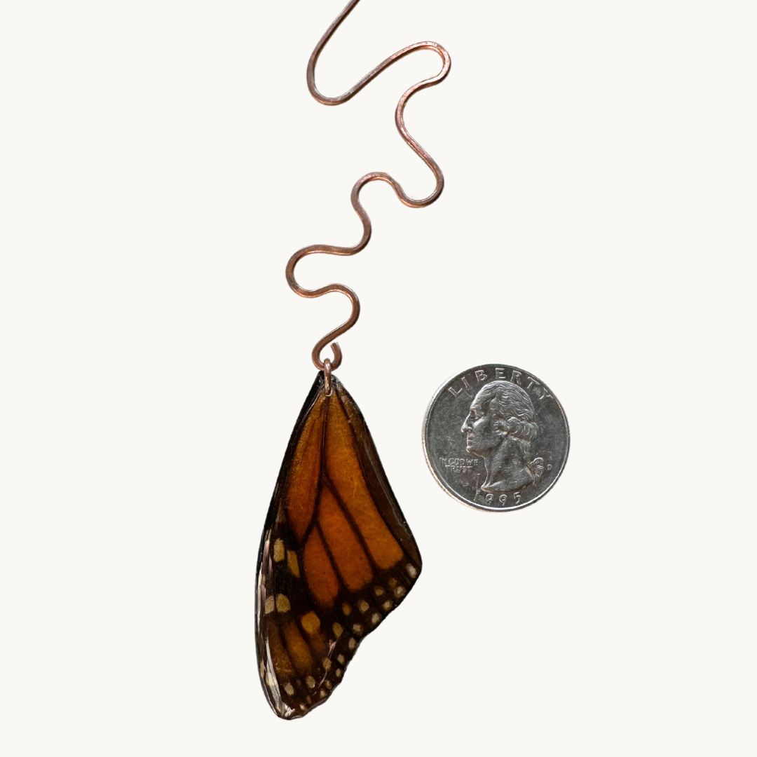 Real Monarch (Danaus plexippus) Butterfly Wing Suncatcher Window Hanging with handformed Copper and Huge Banded Agate