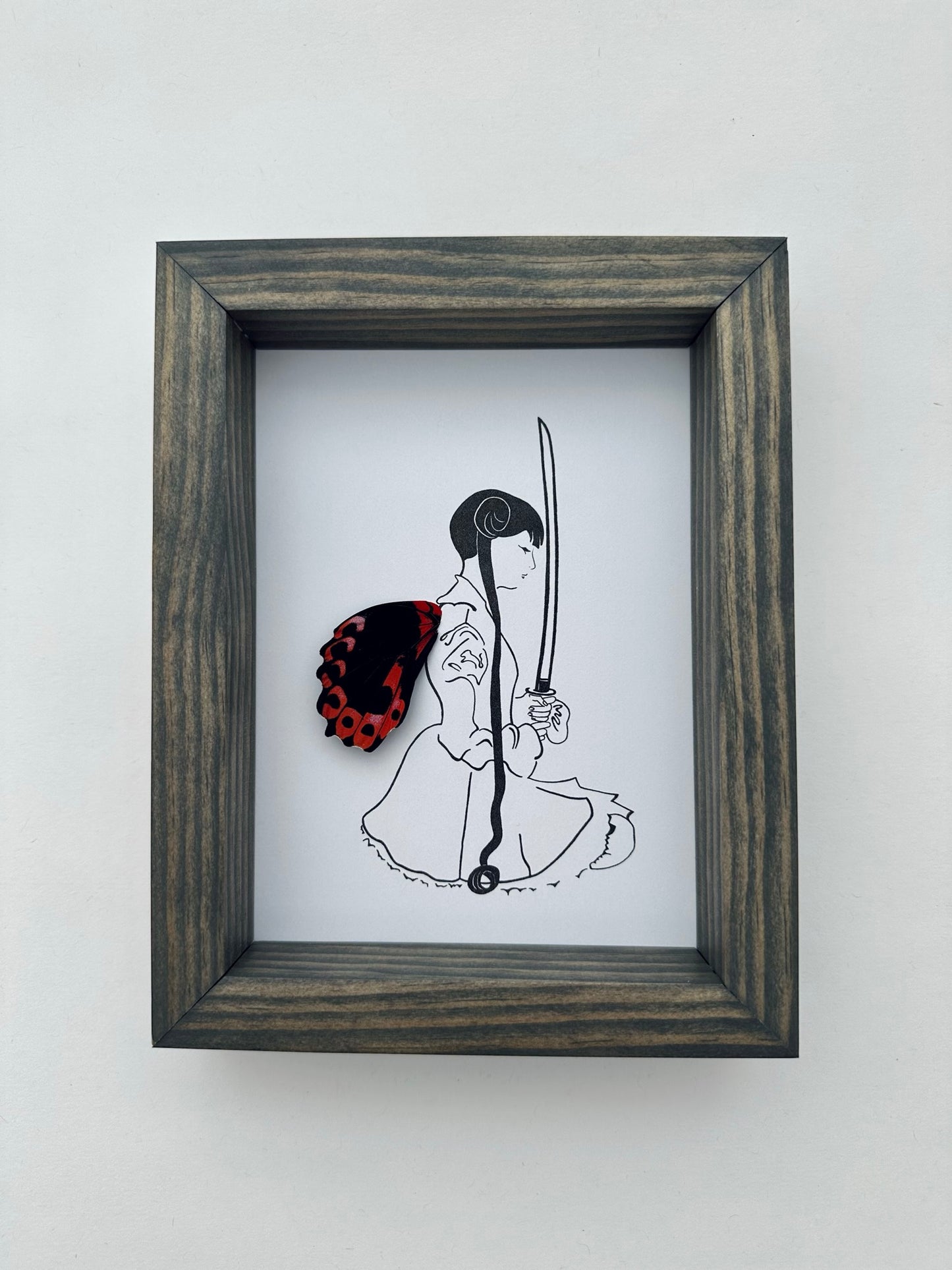 Girl Woman Female with Sword Real Butterfly Wing Framed Art Ethically Sourced Made in MN USA - Holly Ulm - Isms Butterfly Conservation Art