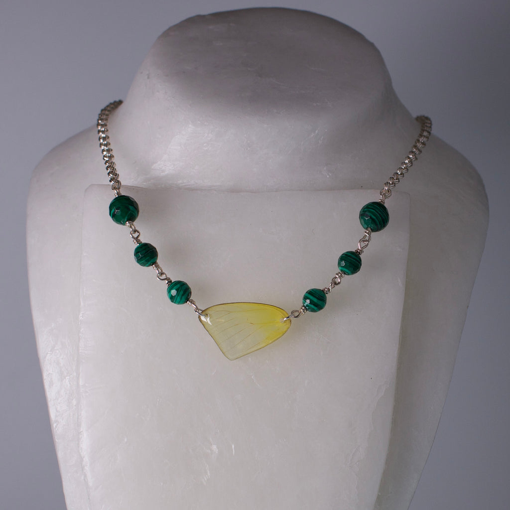 Real Butterfly Wing Necklace - Cloudless Sulphur - Faceted Malachite Silver