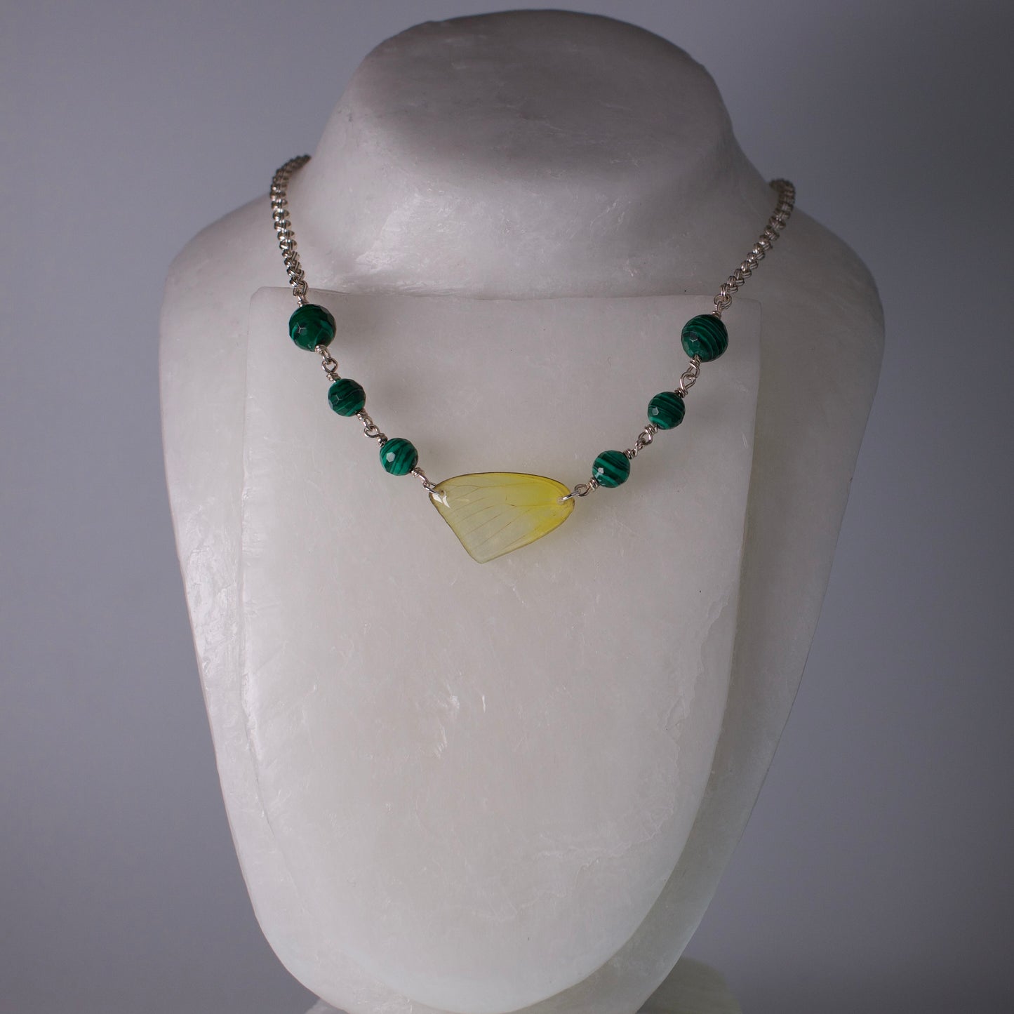 Real Butterfly Wing Necklace - Cloudless Sulphur - Faceted Malachite Silver