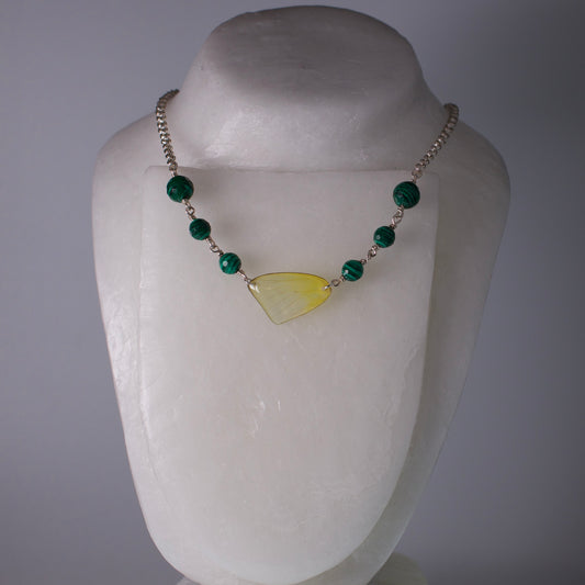 Real Butterfly Wing Necklace - Cloudless Sulphur - Faceted Malachite Silver