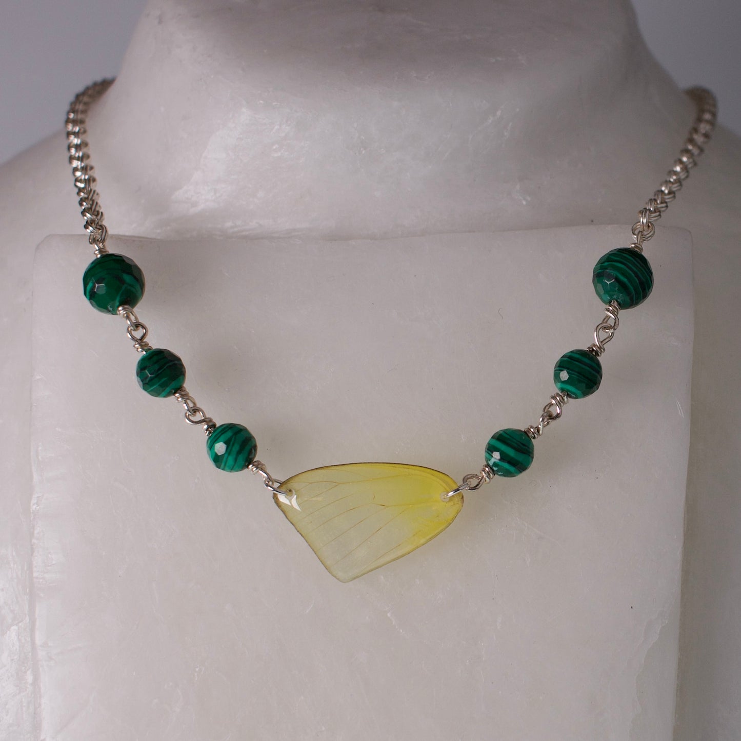 Real Butterfly Wing Necklace - Cloudless Sulphur - Faceted Malachite Silver