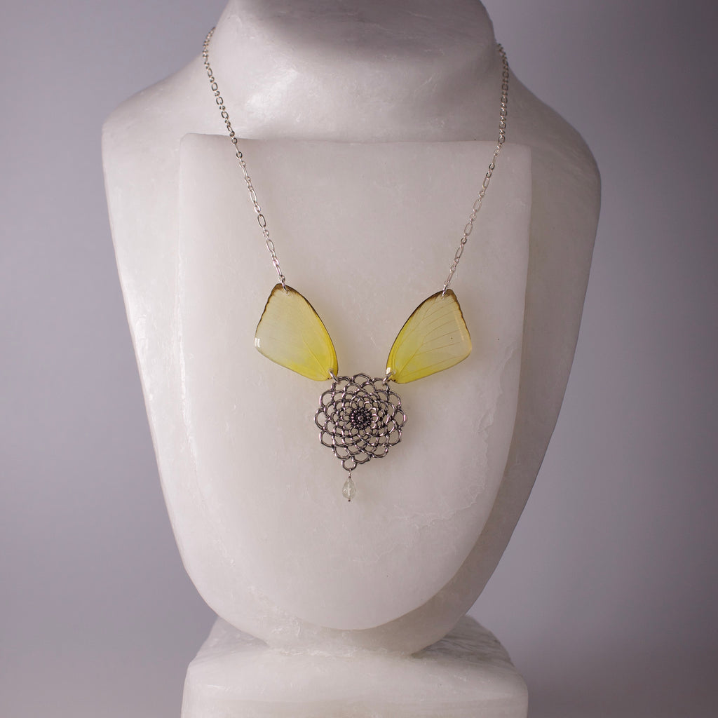 Real Butterfly Wing Necklace - Cloudless Sulphur Butterflies - Tourmaline Sterling Silver