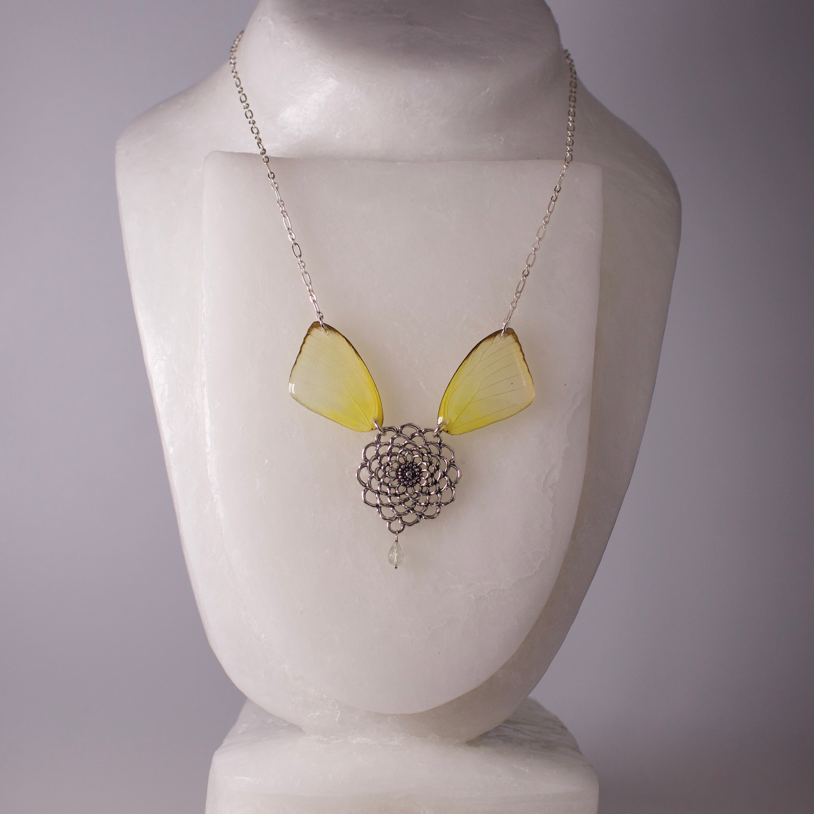 Real Butterfly Wing Necklace - Cloudless Sulphur Butterflies - Tourmaline Sterling Silver