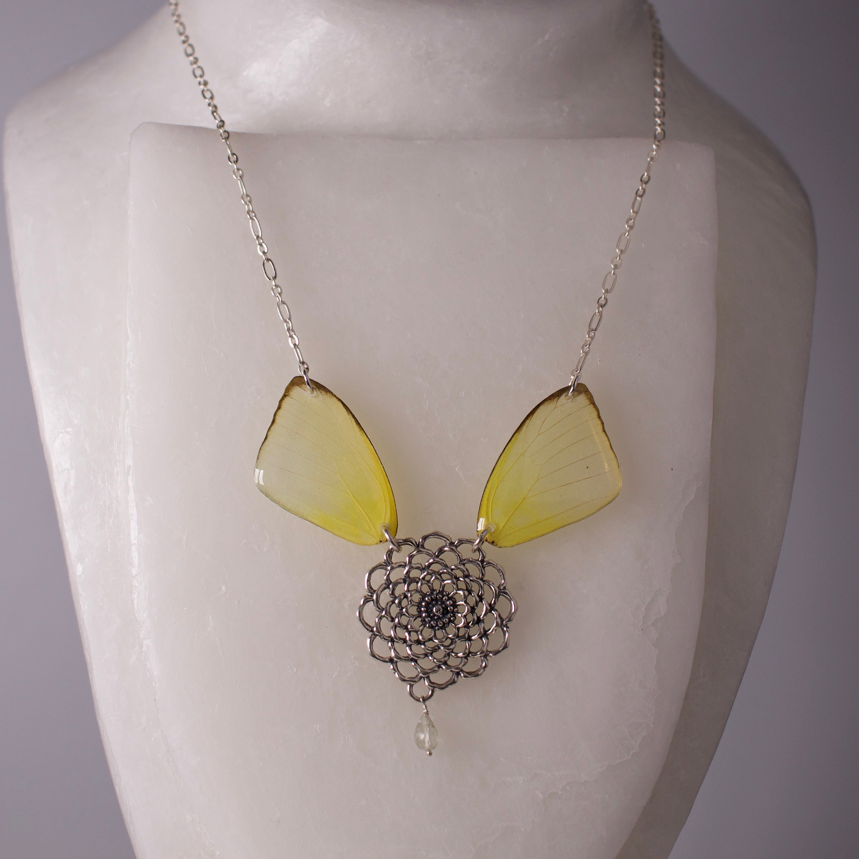 Real Butterfly Wing Necklace - Cloudless Sulphur Butterflies - Tourmaline Sterling Silver
