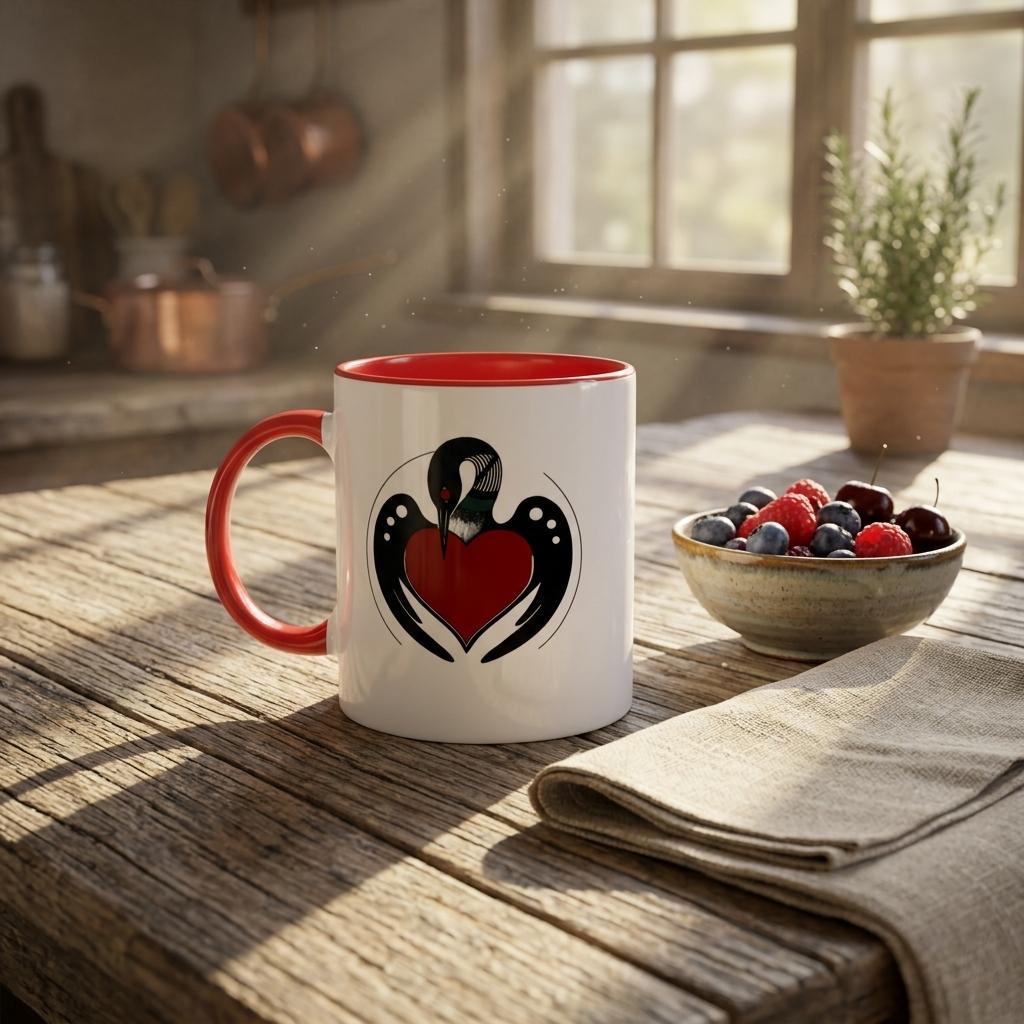 Lifestyle image of rebel loon mug, red colored rim and handle, on a wood table in window light.