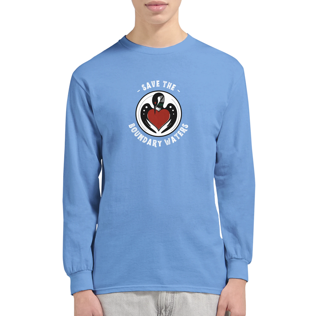 Minnesota-loon-logo-shirt-for-boundary-waters-longe-sleeve-blue-male-model