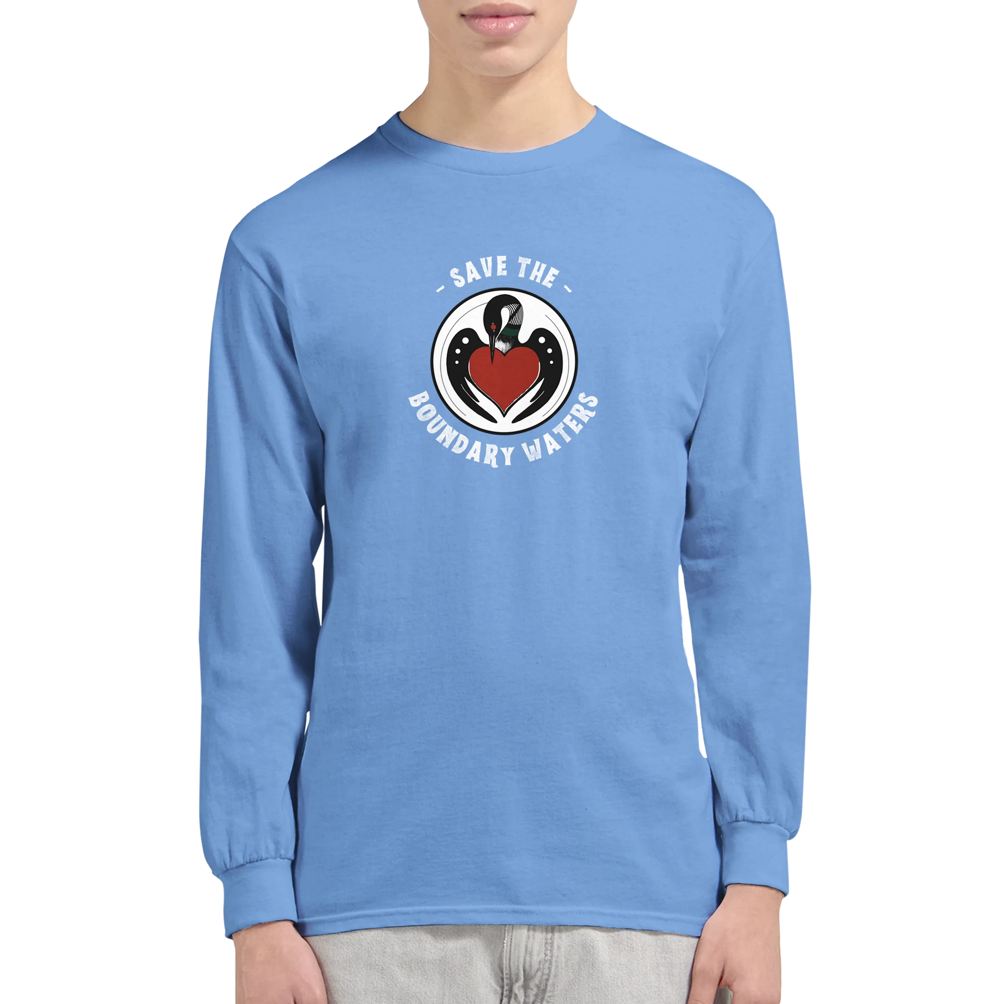 Minnesota-loon-logo-shirt-for-boundary-waters-longe-sleeve-blue-male-model