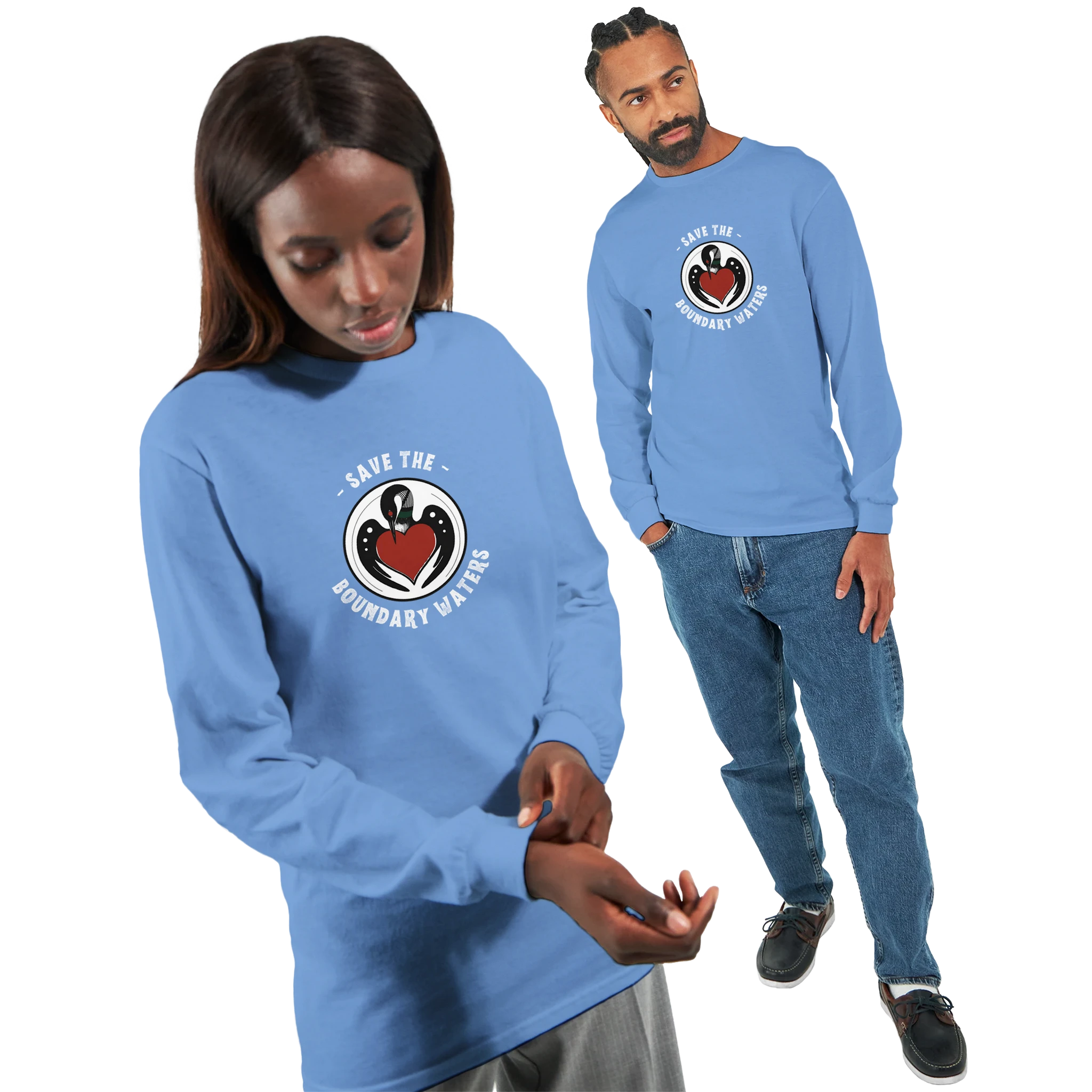 Minnesota-loon-logo-shirt-for-boundary-waters-longe-sleeve-blue-two-models