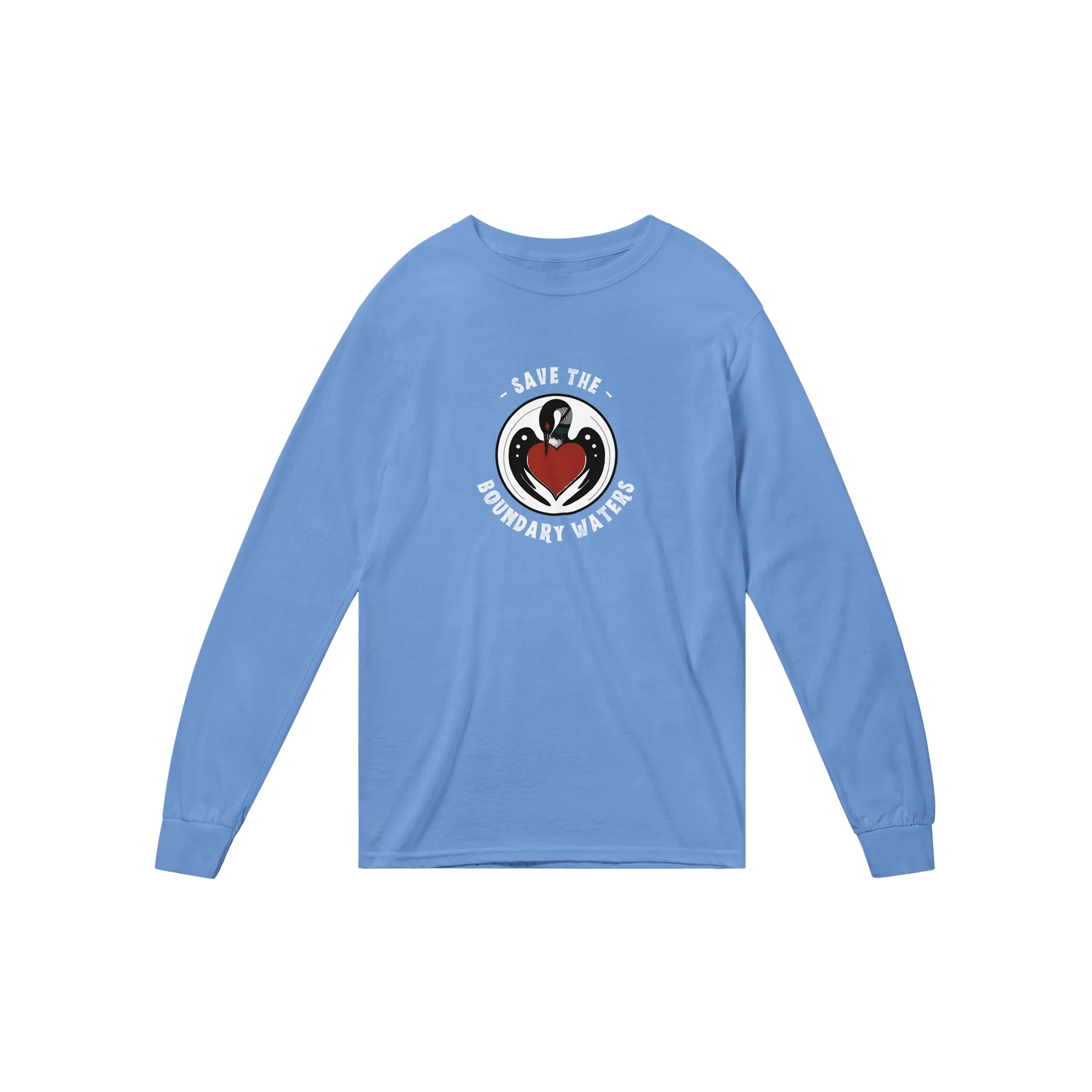 Minnesota-loon-logo-shirt-for-boundary-waters-unisex-long-sleeve-blue-flat-lay