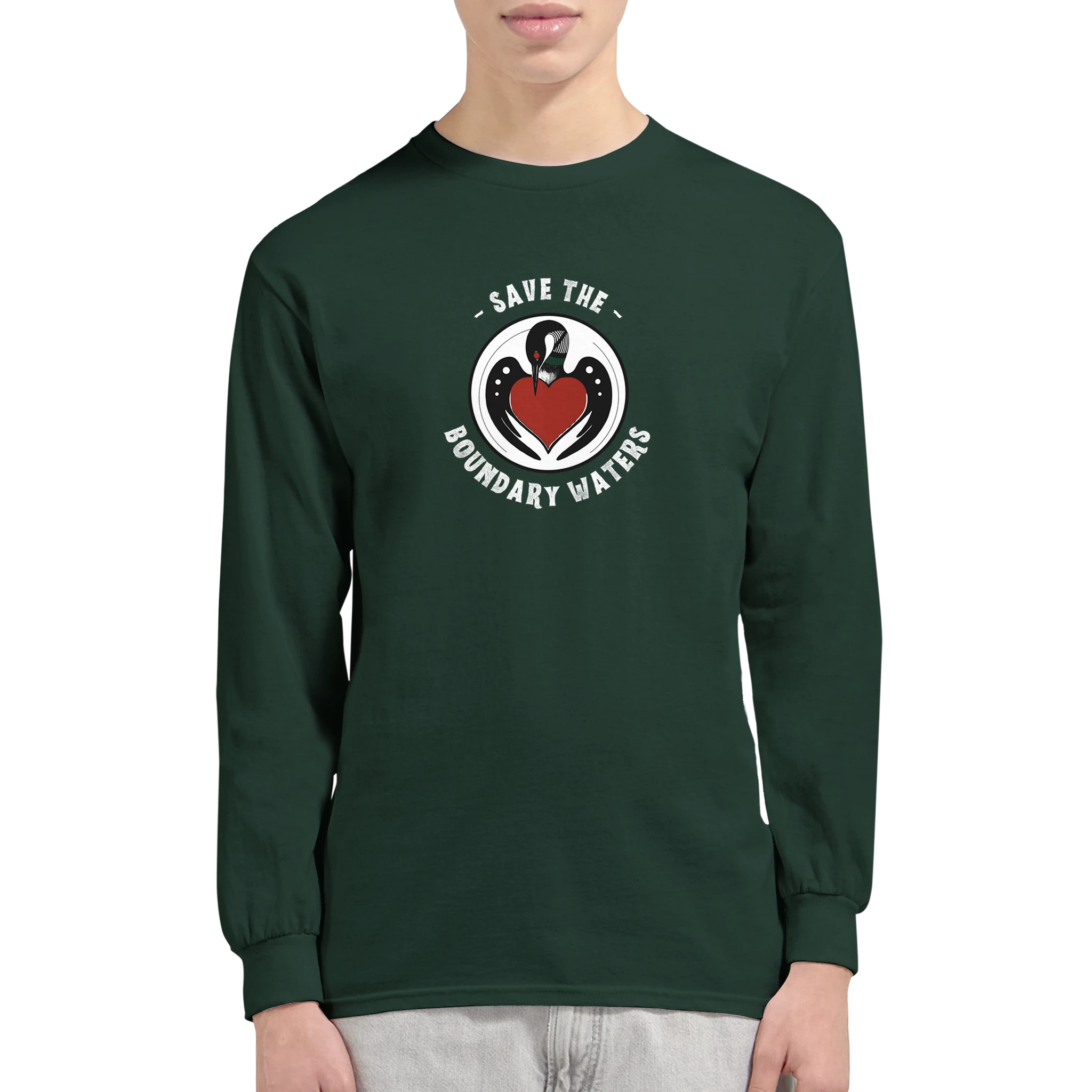 Minnesota-loon-logo-shirt-for-boundary-waters-unisex-long-sleeve-forest-green-model