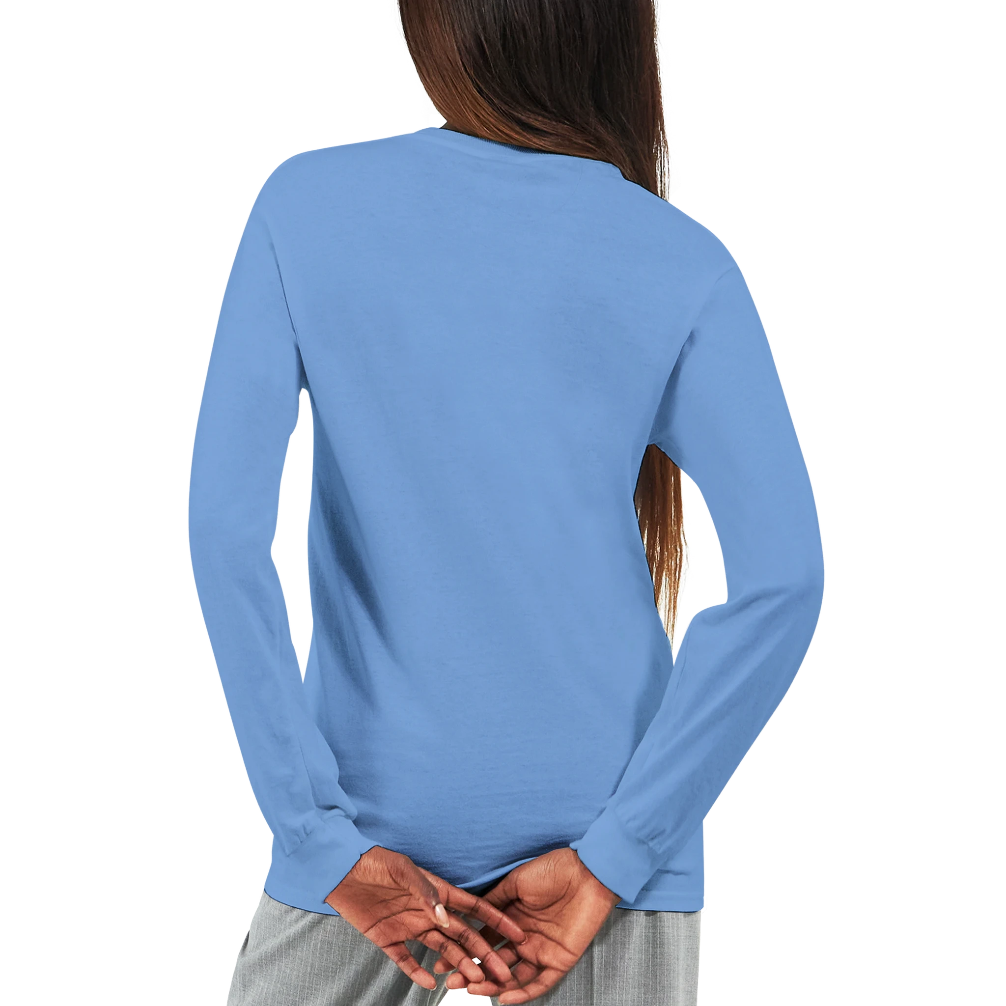 Minnesota-loon-logo-shirt-for-boundary-waters-unisex-long-sleeve-light-blue-model-back