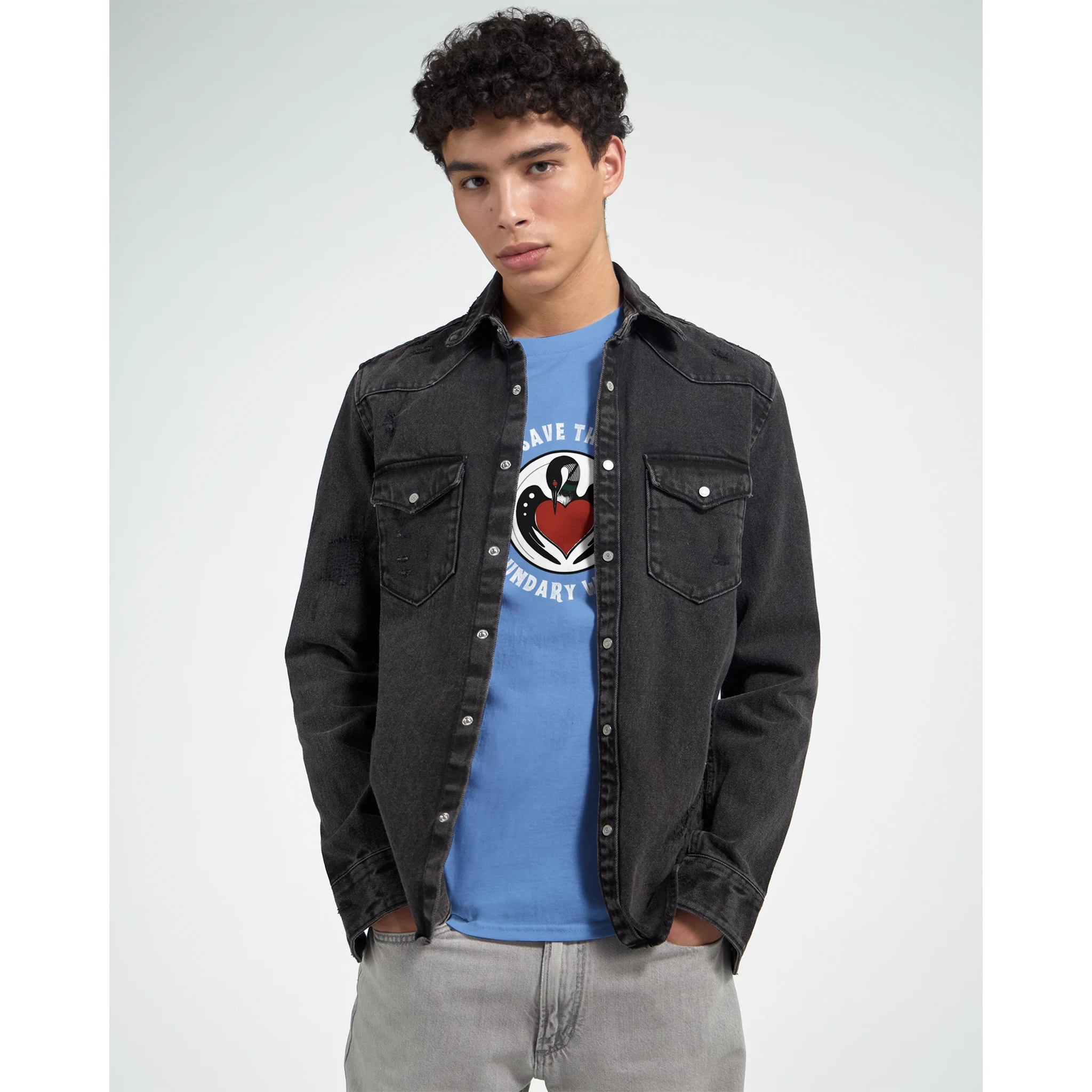 Minnesota-loon-logo-shirt-for-boundary-waters-unisex-long-sleeve-light-blue-model-shirt-under-jacket