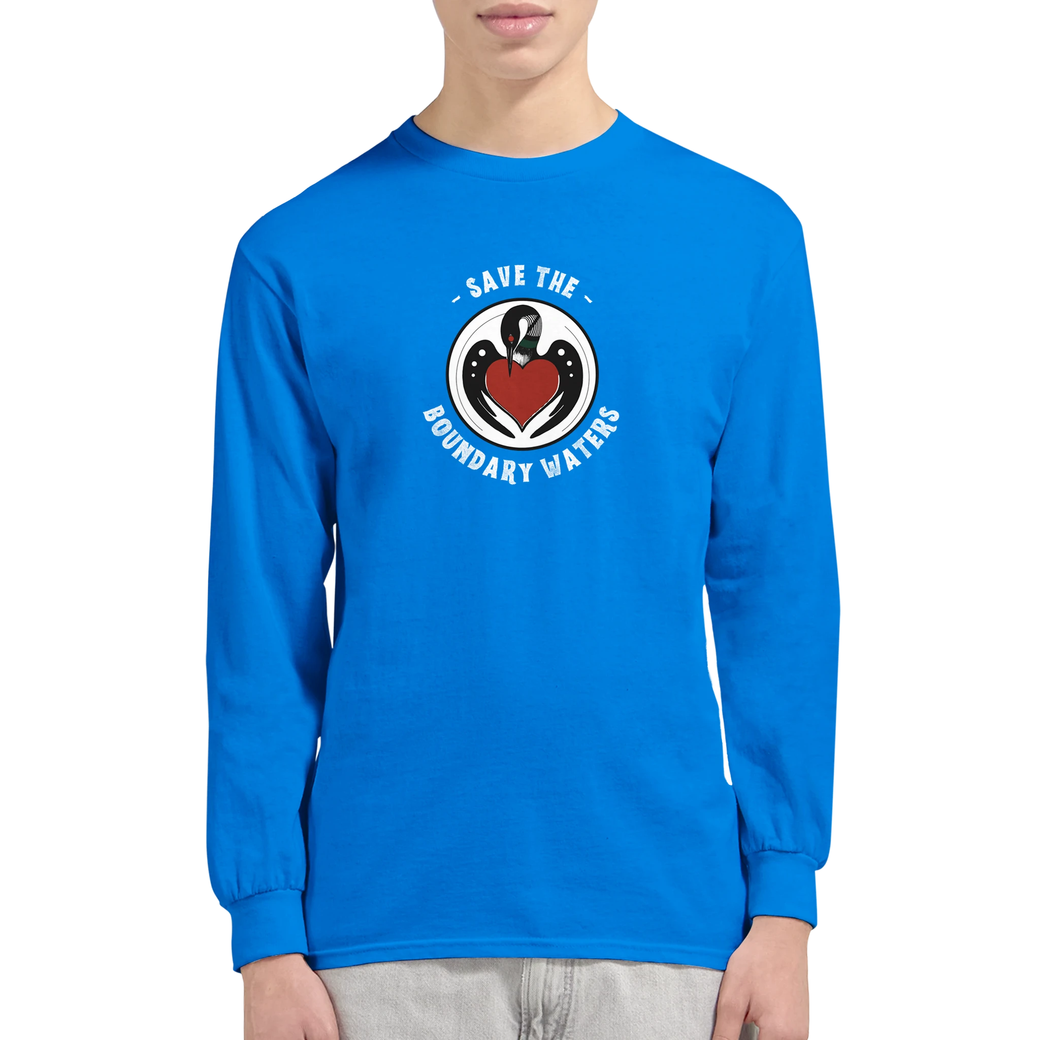 Minnesota-loon-logo-shirt-for-boundary-waters-unisex-long-sleeve-royal-blue-model