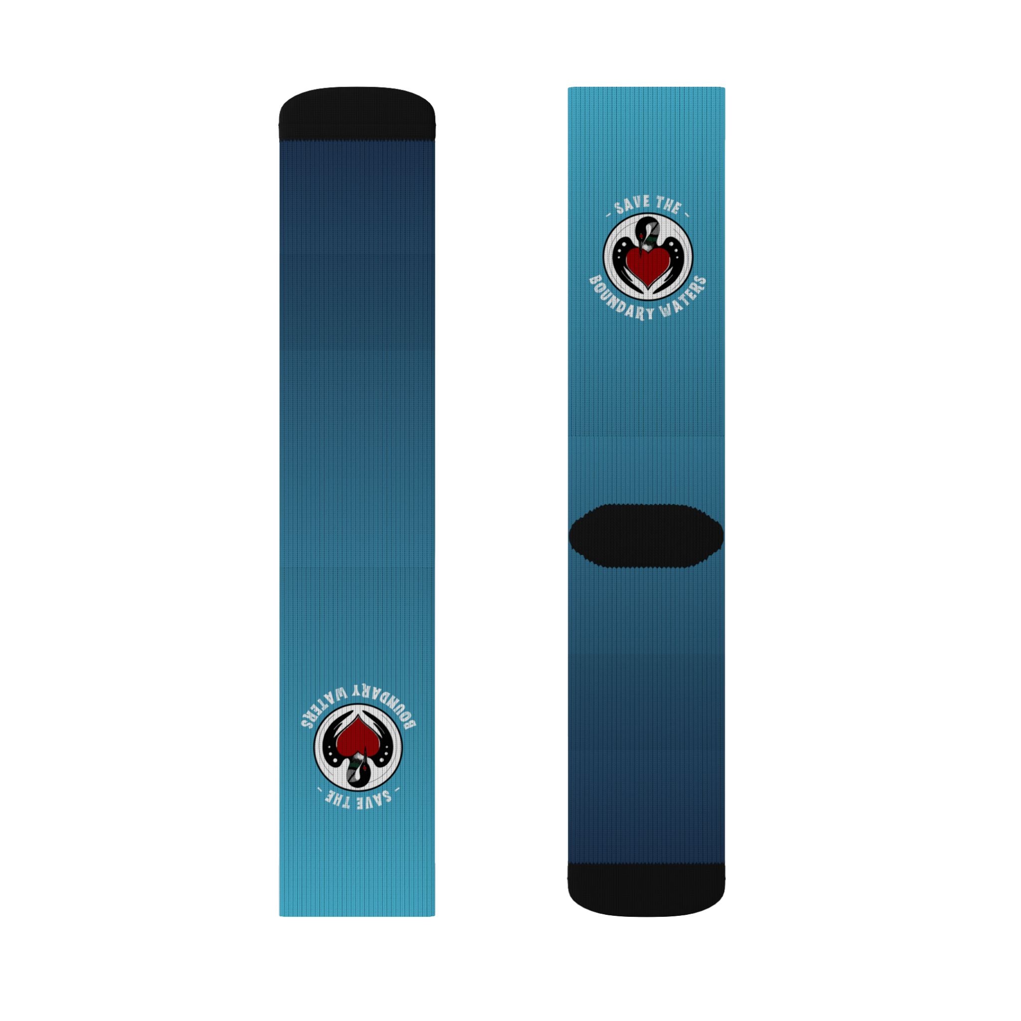 Pair of blue socks with rebel loon drawing, front back flat view flatly